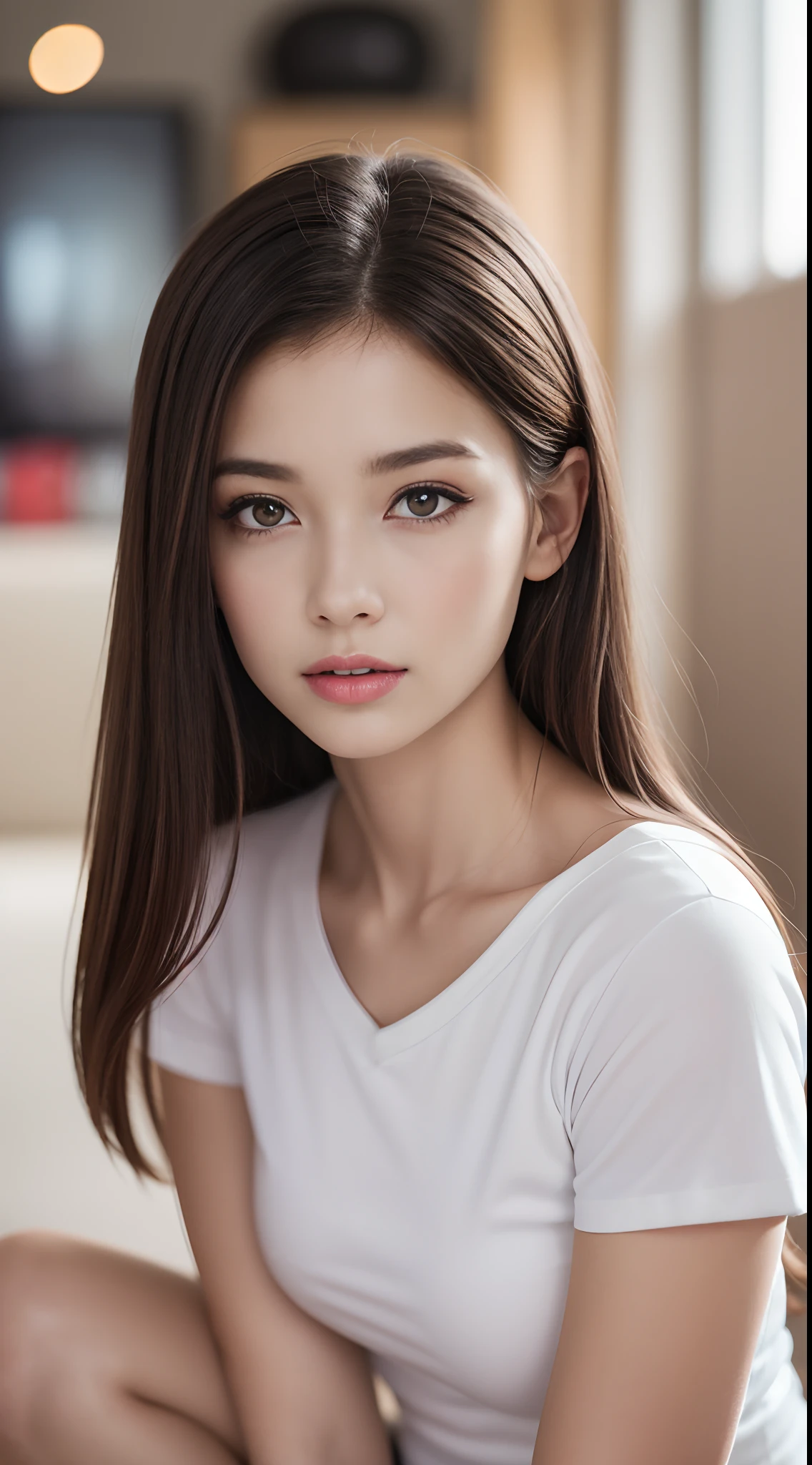 (A hyper-realistic, hight resolution), (1ung girls), (extremely detailed beautiful face), Amazing face and eyes, (Best Quality:1.4), (Ultra-detailed), (extremely detailed CG unified 8k wallpaper), Highly detailed, High-definition raw color photos, Professional Photography, Realistic portrait, Amazing face and eyes, Pink eyes, (white t-shirts, a miniskirt:1.3),, Mini skirt, Brown hair, Model Girl, depth of fields, livingroom, (Squatting:1.1), (:1.3), (((Bokeh))), depth of fields, (View from below:1.1),