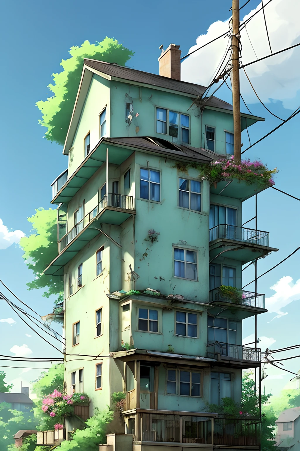 very cozy little place, hyper realism, (anime Makoto Shinkai:0.4), old shabby house in city street, home wiring, outdoors, sky, cloud, day, scenery, tree, blue sky, building, sign, wires, railing, wide shot, utility pole, town, wilderness, flowers, a lot of utensils lying around in a mess