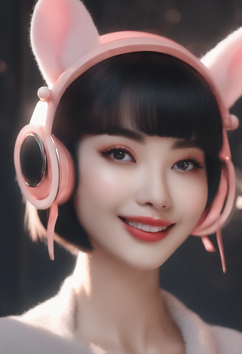 black hair, hair bobbles, wince, solid circle eyes, fake animal ears, light smile, fang, Surrealism, drop shadow, anaglyph, stereogram, tachi-e, pov, atmospheric perspective, 8k, super detail, ccurate, best quality