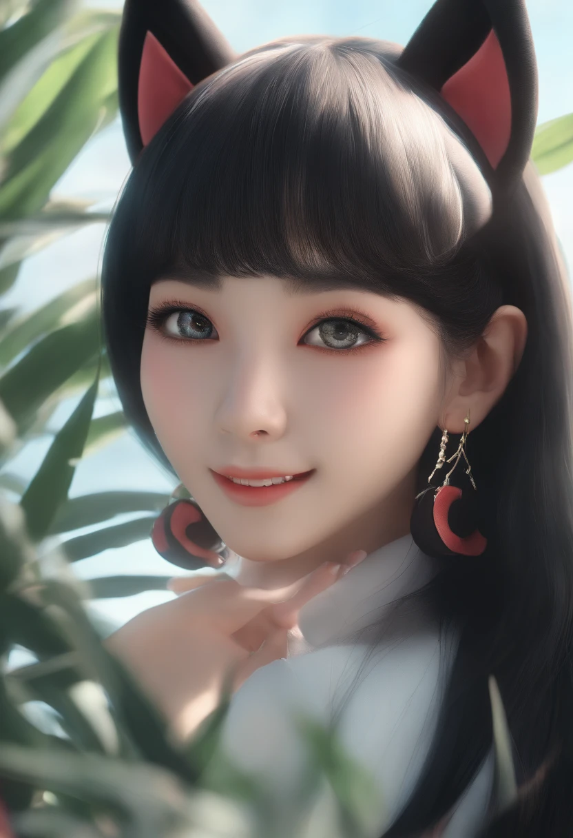 black hair, hair bobbles, wince, solid circle eyes, fake animal ears, light smile, fang, Surrealism, drop shadow, anaglyph, stereogram, tachi-e, pov, atmospheric perspective, 8k, super detail, ccurate, best quality