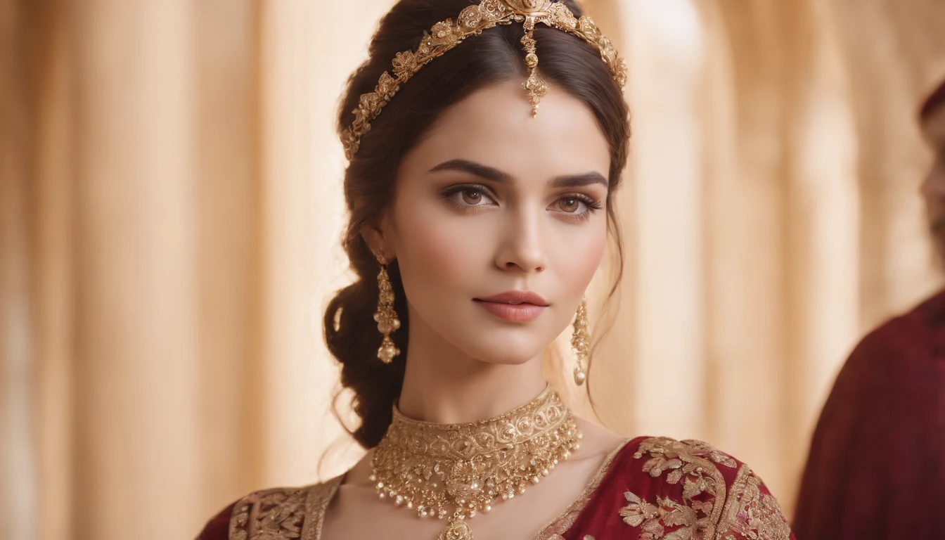 (Best quality,Ultra-realistic:1.2),A high resolution,Ultra-detailed,Portrait,Wife of King Solomon,urban backdrop,Beautiful detailed eyes,beautiful detailed lips,Folklore,Strong personality,noble attire,Stand confidently,Bright lighting,Vivid colors,Carved skin,Fine jewelry,historical context,Calm and powerful manners,Dark red and gold color scheme,Natural makeup,glowing complexion,ornate crown,Royal and elegant presence,Serene expression,Enhance facial features,Flowing luxury hair.