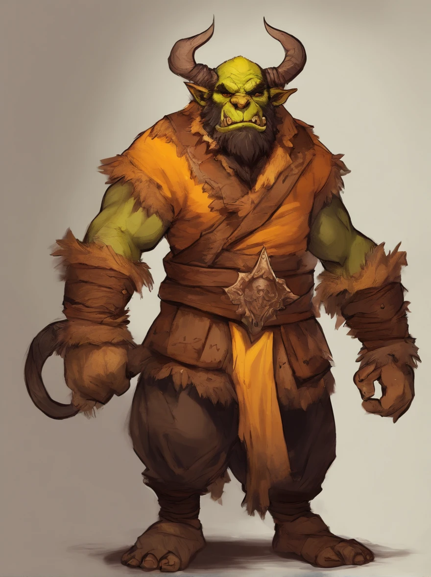 Orc, Wearing Tabby Suit, yellow-orange with brown stripes and yellow fluff, masterpiece, best quality