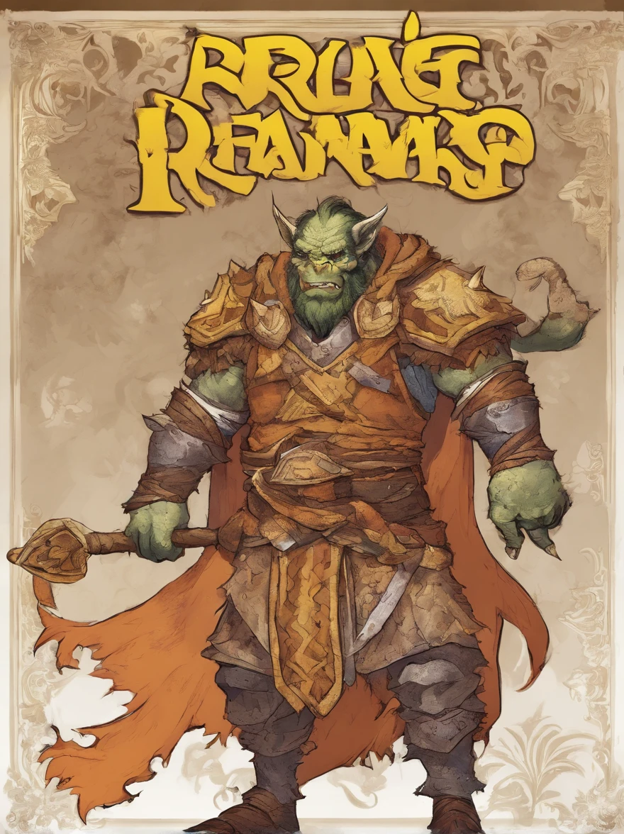 Orc, Wearing Tabby Suit, yellow-orange with brown stripes and yellow fluff, masterpiece, best quality