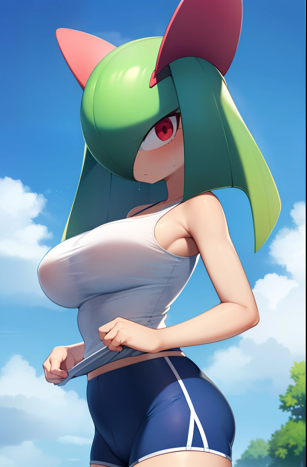 masterpiece, best quality, 1 girl, solo, kirlia, green hair, red eyes, wears a nlanca t-shirt, wears blue shorts, porcelain skin, outdoors, running, her t-shirt has transparencies and shows that underneath she wears a blue bra, sweating, tired, big breasts, big round female breasts, tight shorts, marked female genitalia.