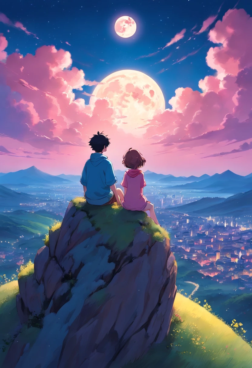 a cartoon boy and girl sitting atop hill in front of a full moon, pink heart shaped craters on the blue moon, adorable digital painting, cute detailed digital art, digital anime illustration, cute digital art, cyril rolando and goro fujita, lois van baarle and rossdraws, cute art style