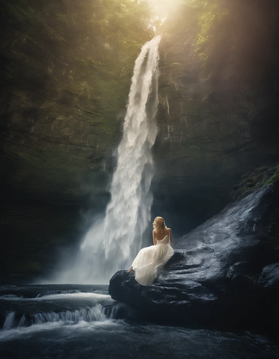 a detailed girl with a wet white dress, bathing in a waterfall, giant waterfall, (a woman inside a waterfall:1.3), under the waterfall, majestic nature, 200mm lens, masterpiece, best quality