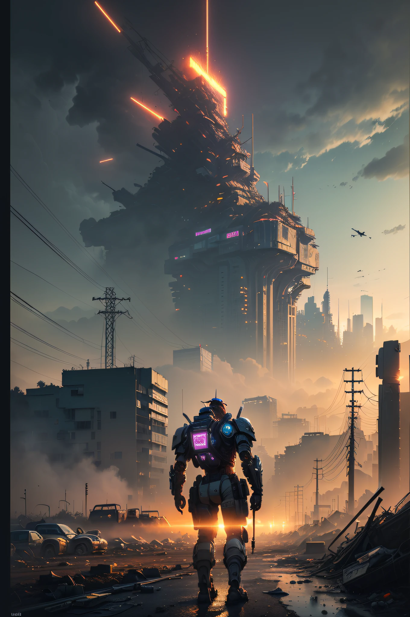 (wide view), wasteland, city ruins, (a man in front of ((huge mech wreckage)), dim light, streets, collapsed utility poles, scattered power lines, electric sparks, tattered future vehicles, garbage heaps, standing water in the big beach, rocks, dense weeds, dense dust smoke, ruined neon lights, heavy clouds, dusk, high quality, (super fine), (light detailed), detailed, accurate, 16k resolution, master works, (movie lights) , (cyberpunk style), dynamic perspective