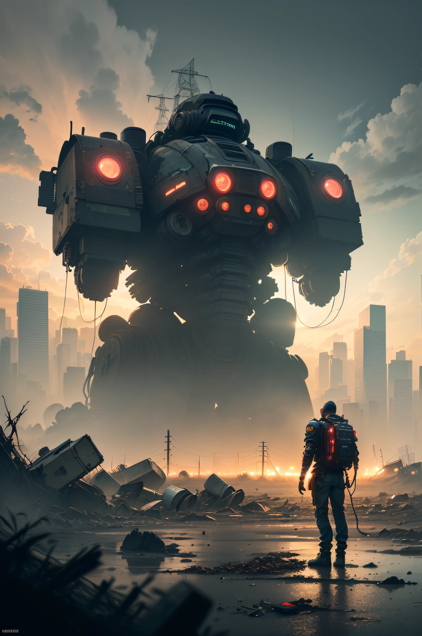 (wide view), wasteland, city ruins, (a man in front of ((huge mech wreckage)), dim light, streets, collapsed utility poles, scattered power lines, electric sparks, tattered future vehicles, garbage heaps, standing water in the big beach, rocks, dense weeds, dense dust smoke, ruined neon lights, heavy clouds, dusk, high quality, (super fine), (light detailed), detailed, accurate, 16k resolution, master works, (movie lights) , (cyberpunk style), dynamic perspective