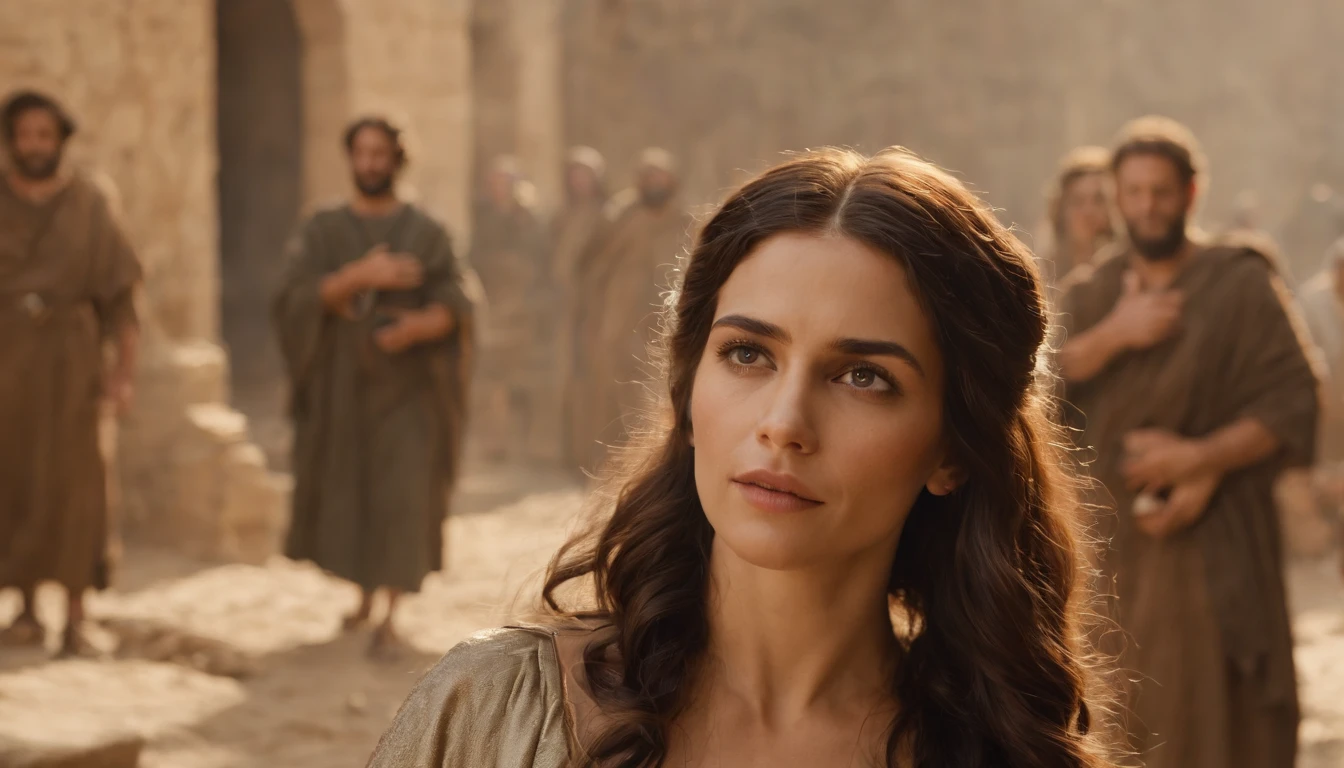 Characters from the Holy Bible, Imagem 16x9 ultra realista com muitos detalhes aprimorados, Solomon's Wife, in the midst of the citizens, com o povo