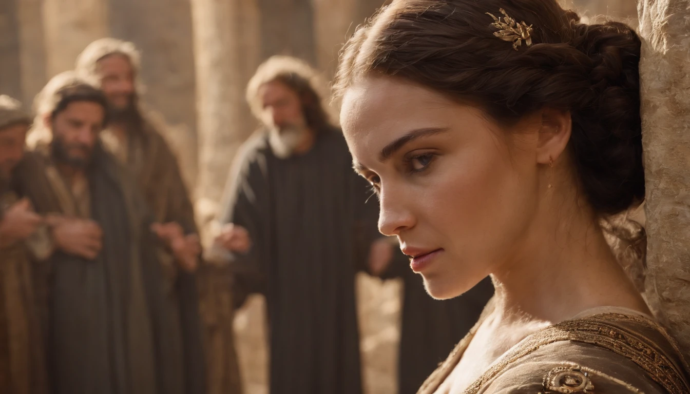 Characters from the Holy Bible, Imagem 16x9 ultra realista com muitos detalhes aprimorados, Solomon's Wife, in the midst of the citizens, com o povo