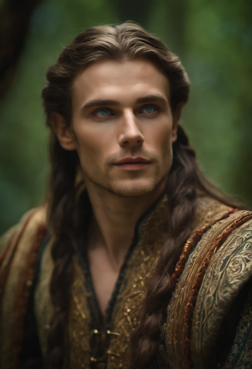 ((One Man)), Portrait of a man in a mithorogic costume, ((Long sleaves)), With mystical colored eyes, pale skin, And loosely braided hair, Magical, Beautiful, Enchanting, Photorealism, mid-shot, ((Deep forest)), (((Make airborne particles shine))), ((Fantasy Art)), ((fireflys)),