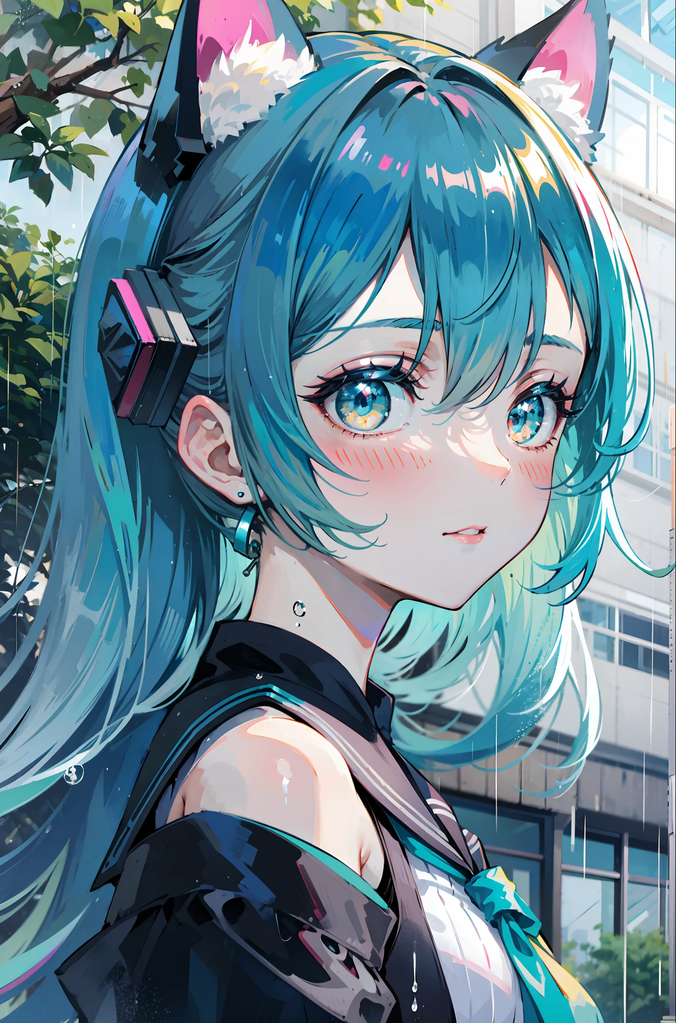 miku hatsune : 1.1, blue hair: 1.2, school uniform, Under the trees, in the rain: 1.1, raining, Raindrops in the air, rain background, Film lighting, Surrealism, UHD, accurate, Super detail, textured skin, High detail, Best quality, 8k,Thin bangs, (colorful splashes),(shining), thick sexy body, wet, sleeveless, droplets, bottom side view, wallpaper, cat ears