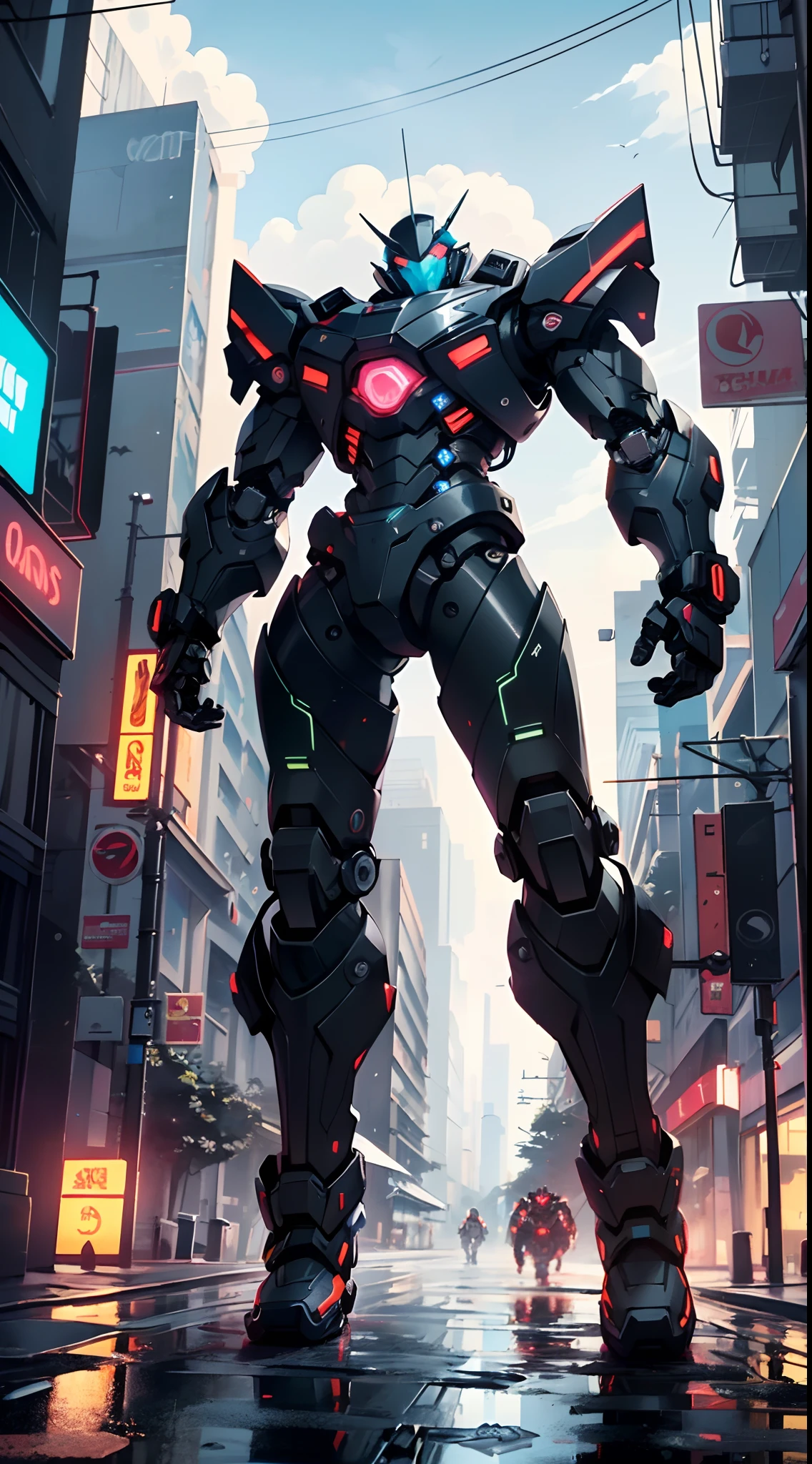 Imposing black plastic metal android robot,three meters tall and with a minimalist design that highlights its marked metallic musculature. His head is smooth and adorned with RGB lights that highlight his uniqueness and futurism.
He carries a metal backpack on his back that contains drones,turrets,and firearms. The backpack has spidery legs that allow it to move quickly.
Although most of his body is a deep,glossy black,there are orange,purple,and blue details that highlight his striking,futuristic design. It is undoubtedly an impressive creation that does not go unnoticed.
(((muscular))),hypermuscle, hyper muscles,carbon robot,humanoid robot, robot, robot joints, joints, helmet, armor, head-mounted display,(((robot with minimalist design))),
(dynamic pose:1.0),solo focus,(centered,scale to fit dimensions,Rule of thirds),
cyberpunk city by the ocean at night, with bright neon signs and dark stormy clouds and puddles, scenery:1.25,
artistic photography,(photography taken by sldr),highres, sharp focus, (ultra detailed, extremely detailed), (photorealistic artwork:1.37),(extremely detailed CG unity 8k wallpaper),((synthwave background theme)),(((vibrant colors))),(intricate background),(masterpiece),(best quality),