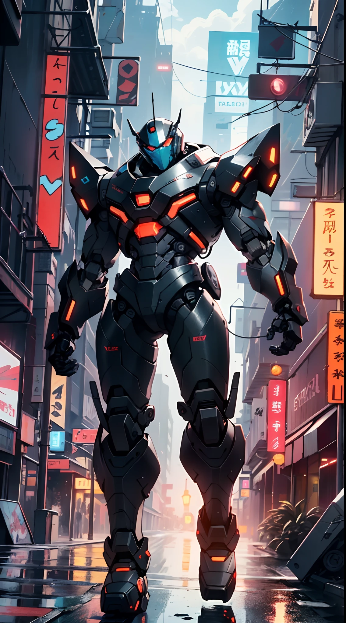 Imposing black plastic metal android robot,three meters tall and with a minimalist design that highlights its marked metallic musculature. His head is smooth and adorned with RGB lights that highlight his uniqueness and futurism.
He carries a metal backpack on his back that contains drones,turrets,and firearms. The backpack has spidery legs that allow it to move quickly.
Although most of his body is a deep,glossy black,there are orange,purple,and blue details that highlight his striking,futuristic design. It is undoubtedly an impressive creation that does not go unnoticed.
(((muscular))),hypermuscle, hyper muscles,carbon robot,humanoid robot, robot, robot joints, joints, helmet, armor, head-mounted display,(((robot with minimalist design))),
(dynamic pose:1.0),solo focus,(centered,scale to fit dimensions,Rule of thirds),
cyberpunk city by the ocean at night, with bright neon signs and dark stormy clouds and puddles, scenery:1.25,
artistic photography,(photography taken by sldr),highres, sharp focus, (ultra detailed, extremely detailed), (photorealistic artwork:1.37),(extremely detailed CG unity 8k wallpaper),((synthwave background theme)),(((vibrant colors))),(intricate background),(masterpiece),(best quality),