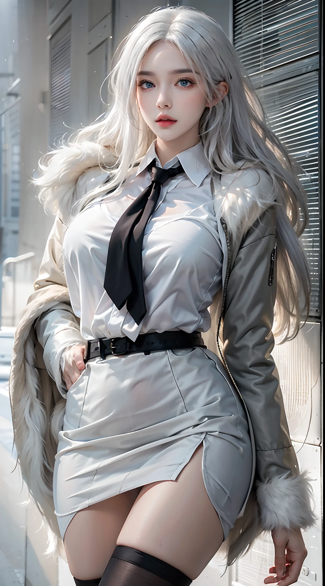 photorealistic, high resolution, soft lights, 1women, solo, hips up, blue eyes, white hair, long hair, close lips, collared shirt, black necktie,black skirt, pencil skirt, fur coat, stockings