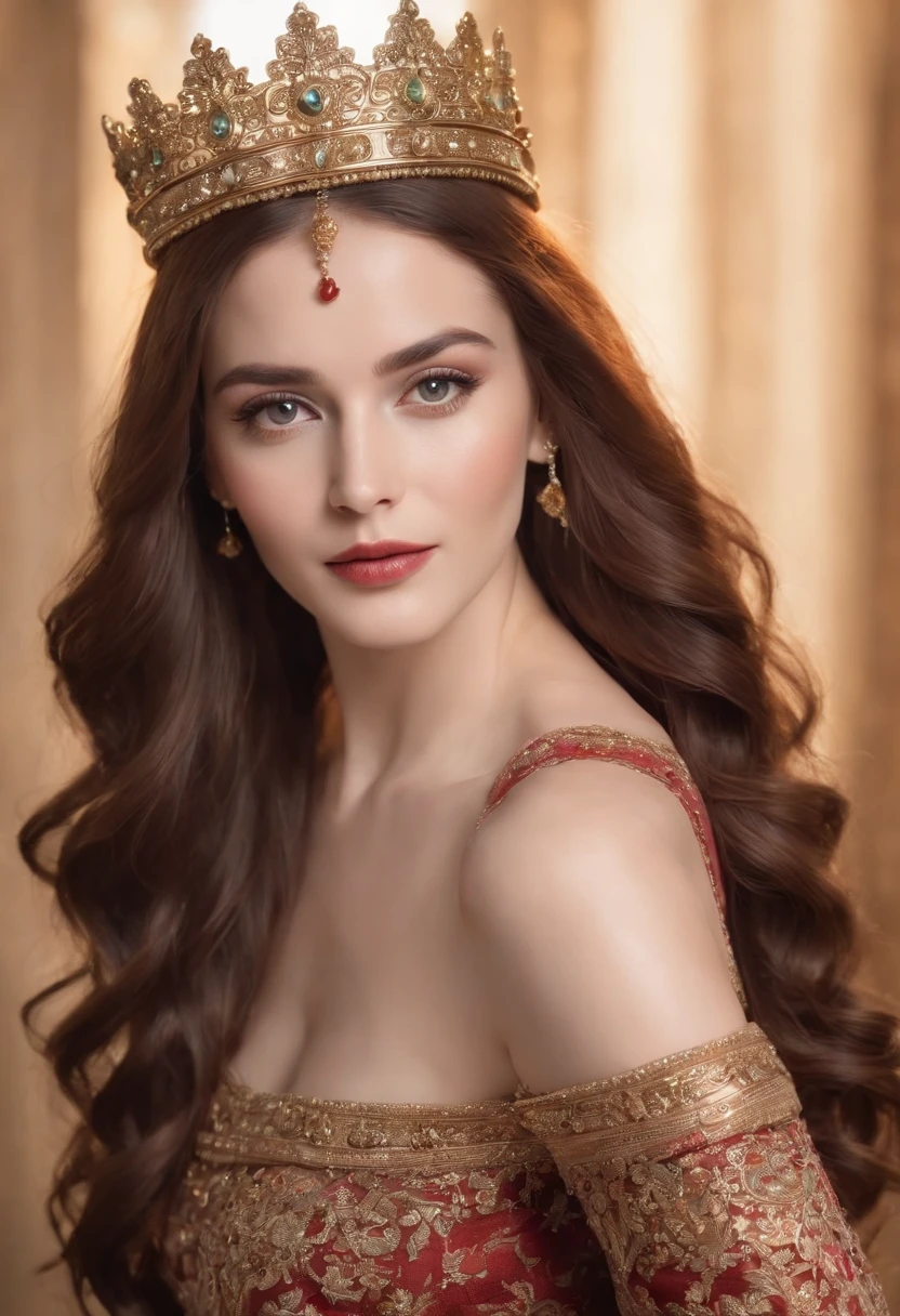 (Best quality,Ultra-realistic:1.2),A high resolution,Ultra-detailed,Portrait,Wife of King Solomon,urban backdrop,Beautiful detailed eyes,beautiful detailed lips,Folklore,Strong personality,noble attire,Stand confidently,Bright lighting,Vivid colors,Carved skin,Fine jewelry,historical context,Calm and powerful manners,Dark red and gold color scheme,Natural makeup,glowing complexion,ornate crown,Royal and elegant presence,Serene expression,Enhance facial features,Flowing luxury hair.