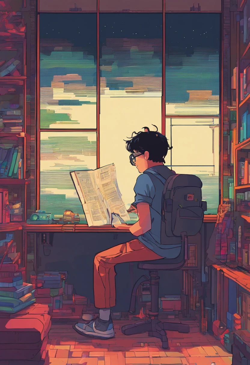 Side view，Boy studying in a room, Reading a book, wears glasses , Night lights, Neon landscape on a rainy day,Simulates a color theme, Lo-fi hip-hop , retrospective, flat, 2.5D ,line drawn, Ink drawing, Large slope, Watercolor painting, Spray color, Studio Ghibli Style, Awesome colorful, Outer tons, synthetic wave, Lofi art,90s style,Old textures, amplitude,90s atmosphere, masutepiece, Huge technology