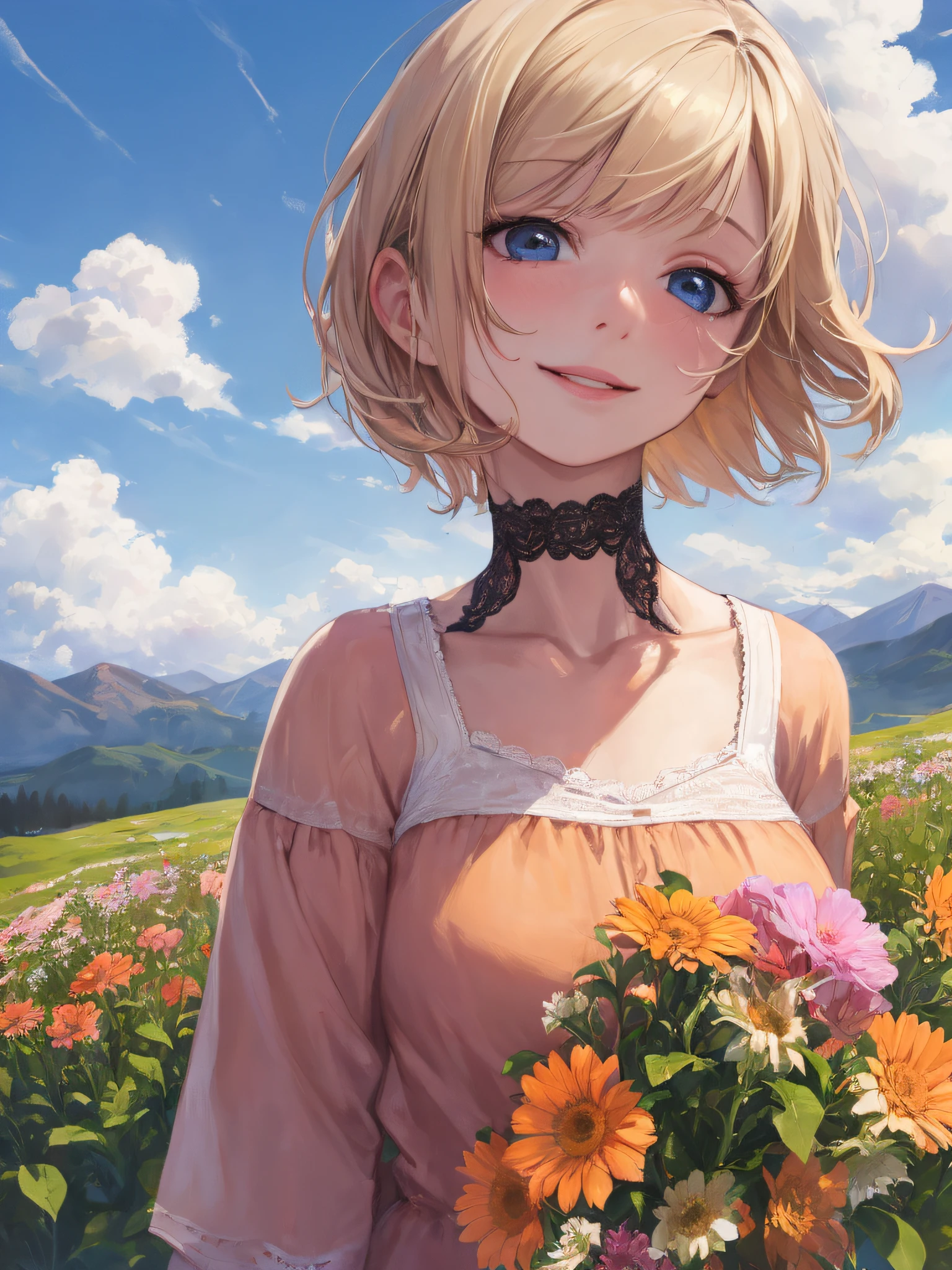 (realistic,painting_style,)mature, 1girl, solo, amelia watson, virtual youtuber,blonde hair, blue eyes, choker, flower, short hair, realistic eyes, head tilt, smug, looking_at_viewer, sky, mountain, outdoors, cloud, bangs, upper body, pink flower, collarbone, orange shirt, parted lips, lips, lace trim, smile, black choker, mountainous horizon, cloudy sky, standing, holding_flowers
