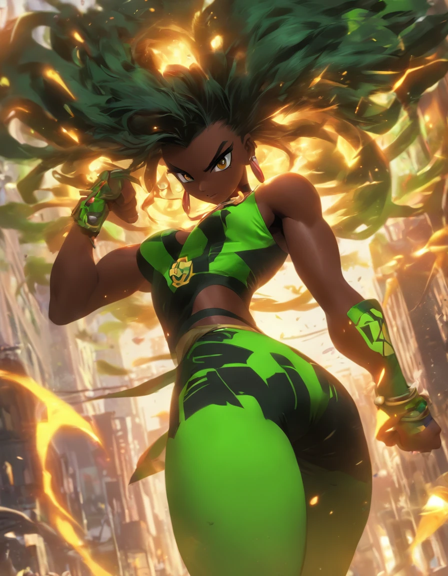 (best quality, (Darkskin woman, (form fitting high waist black and red minidress and red underwear):2, sneakers, garter belt, bracelet, fingerless gloves, carrying a bat):10 ,( amazing dark skin,Diamond And Glaring detailed green eyes, loose split-color
purple and black hair, soft circular face, convexed wide nose. strong, toned and stocky, round hips, medium breasts, heart-shaped rear. brawler, spy, shy, reserved, courageous, Ki power, )::10 afternoon, cascading sun, walking, Neo-Brooklyn,surrounded, mystical atmosphere of power, danger, and excitement ((((( unreal engine, blender )))), (((Rival schools, edayn, Alex "oh8" Ahad, perfect piece, perfect prose.)))(( full body, ultra-HD masterpiece, highest quality, highly detailed, fighting game Cg, splash art, low angle shot,Beautiful Deatailed Shadow,Incredibly Absurdres.))