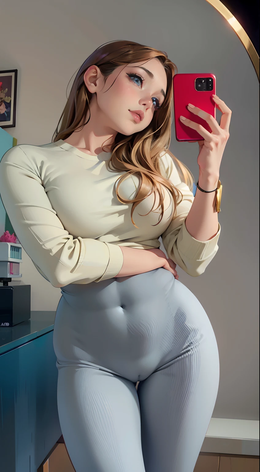 A close-up of a woman in tight pants taking a selfie, Traje ajustado, Usar ropa simple y ajustada, Vestimenta ajustada, con camisa ajustada, Camisa ajustada, cintura delgada y caderas gruesas, Thicc, better known as amouranth, Ella tiene un vientre redondo y gordo y tembloroso, Amouranth, cintura diminuta, Ajuste ajustado, her belly button is exposed