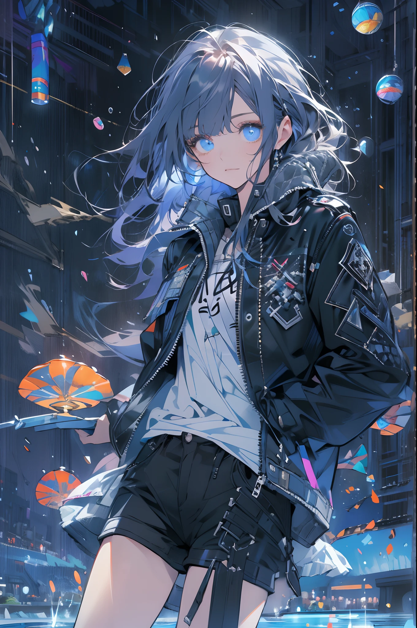((top-quality)), ((tmasterpiece)), ((ultra - detailed)), (Extremely Delicately Beautiful), Girl vs, 独奏, Cold attitude,((Black jacket)),She is very(Relax)with  the(Settle down)looks,brunette color hair, depth of fields,evilsmile,Bubble, Under the water, airbubble,bright light blue eyes,inner colored，Black hair and light blue ends,Cold background,Bob Hair - Linear Art, shorter pants、knee high socks、Camisole inner shirt、White uniform