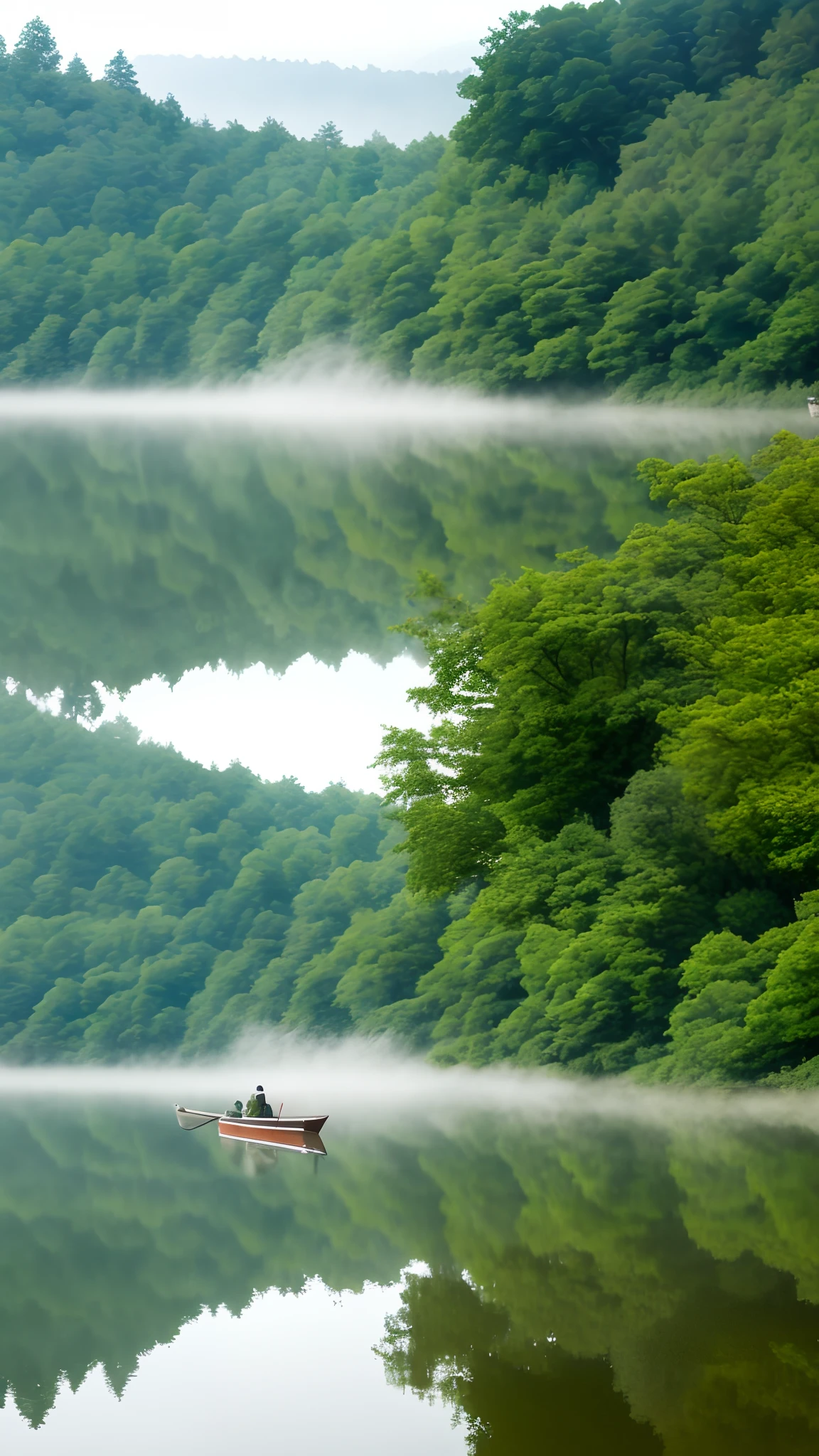 A peaceful and peaceful scene，The tranquil lake is nestled among rolling hills，Surrounded by verdant forests，The mist-shrouded morning mist adds to the mysterious and enchanting atmosphere，A small boat in the middle of the lake，The boatman sits on the boat，artstation，number art，iintricate，Pop，pastelcolor