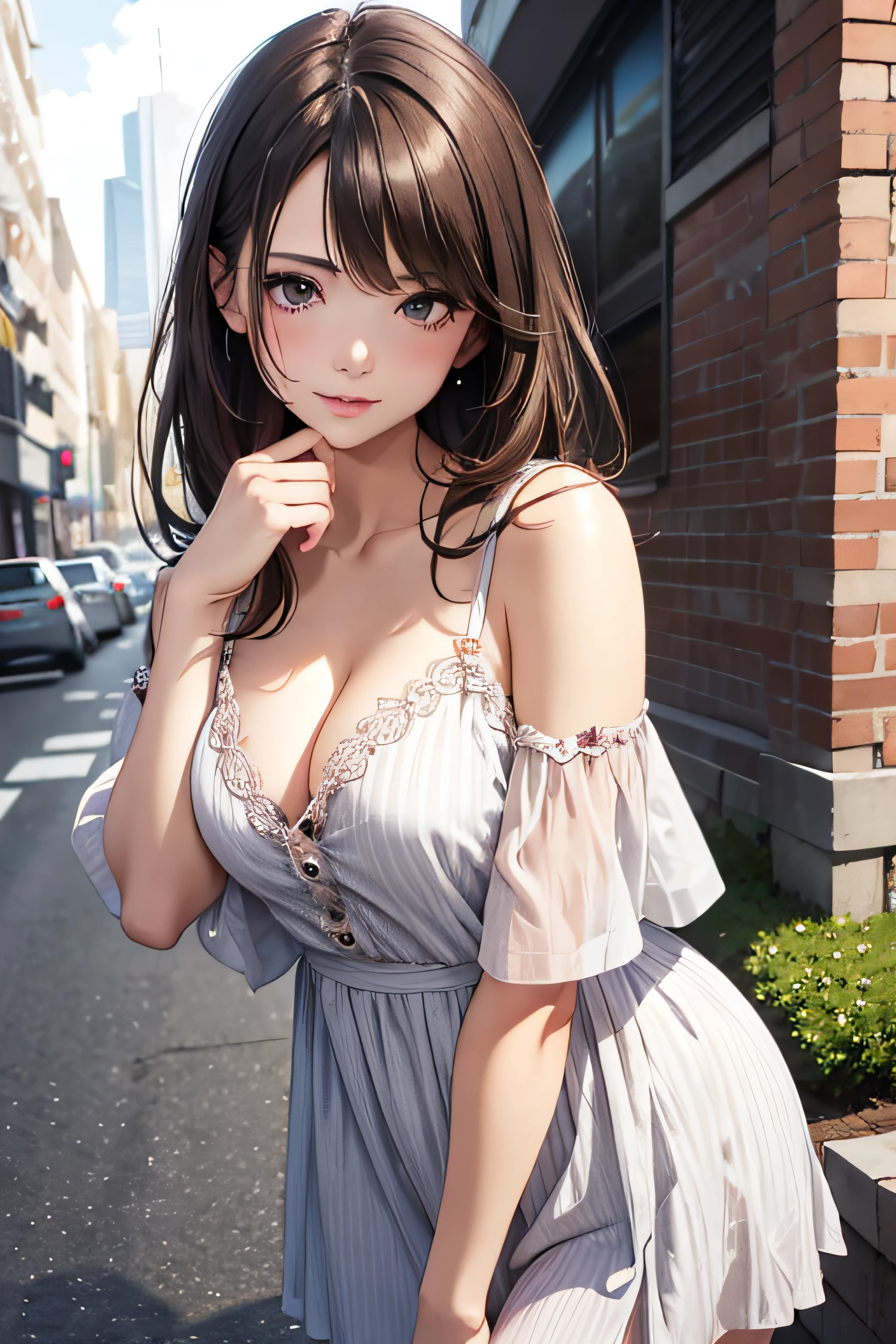 girl in spring clothes, casual dress, medium breasts, cleavage, cityscape, flirtatious look, ((very detailed)), (perfectly detailed face), (well detailed hand) photorealistic image.