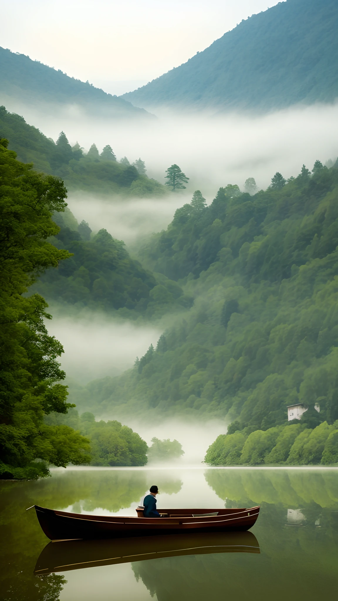 A peaceful and peaceful scene,The tranquil lake is nestled among rolling hills,Surrounded by verdant forests,The mist-shrouded morning mist adds to the mysterious and enchanting atmosphere,A small boat in the middle of the lake,The boatman sits on the boat,artstation,number art,iintricate,Pop,pastelcolor