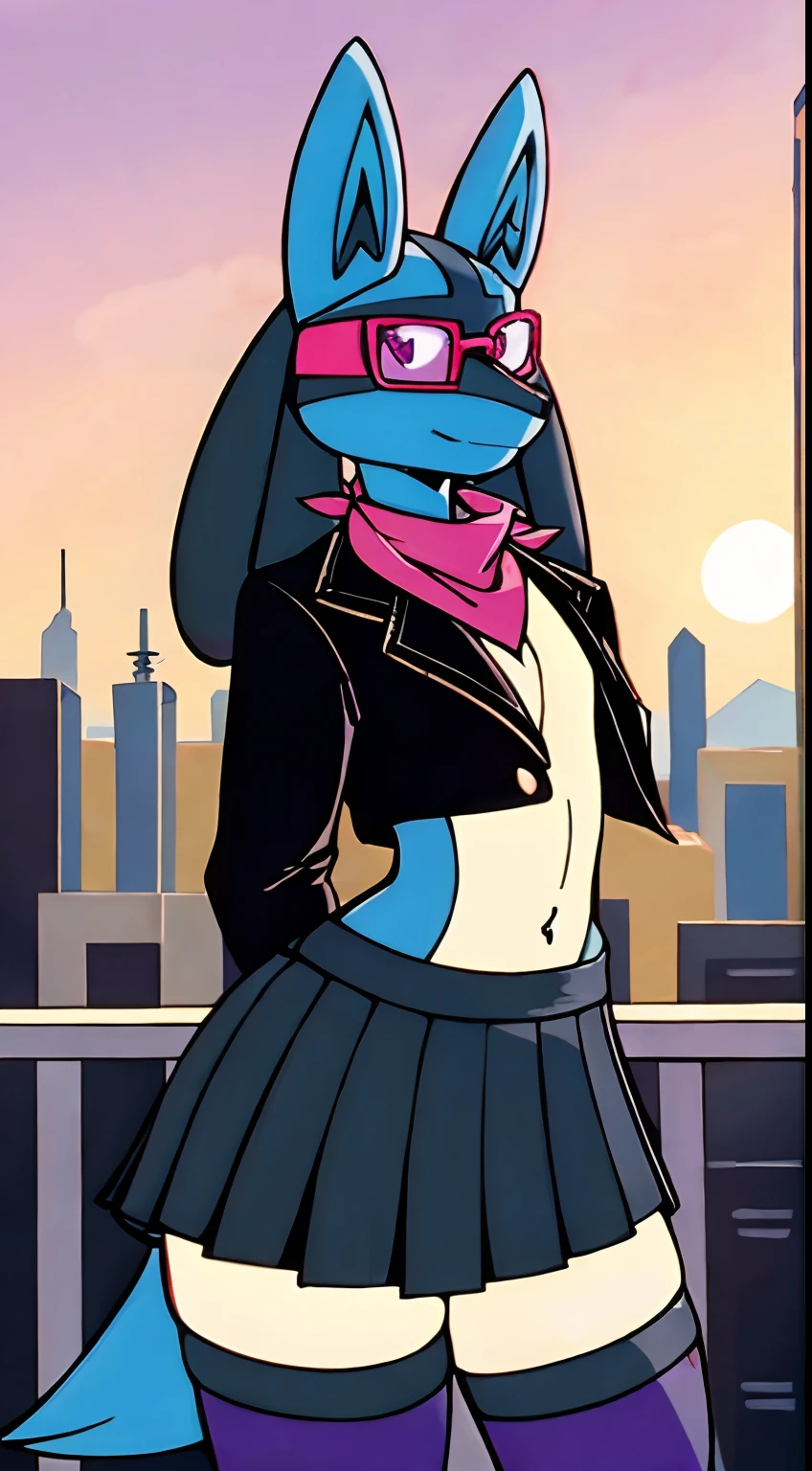 Mute pastel colors, Smooth photos, Retro soul, 1990s animation, 1980s animation, Retro soul, Retro anime style, Masterpiece, Best Quality, Lucario, furry, solo female, Lucario Pokémon, skirt, thigh high socks, crop top black jacket, Retro Lucario fanart, 1990s anime, retro animation, transgender women, sunset over city background, very detailed background, bandana, white chest spike, pink eyes, high definition eyes, very detailed eyes, chubby, small amount of pink hair on top of head with purple highlights, blue fur, cute bandana, trans flag bandana, picturesque background, 1 horizon line, thin framed rose tinted rimless glasses, thin framed gradient rose tinted glasses, perfect background, beautiful background, black jacket, black face markings, no shirt, midriff, belly button, black thigh high socks