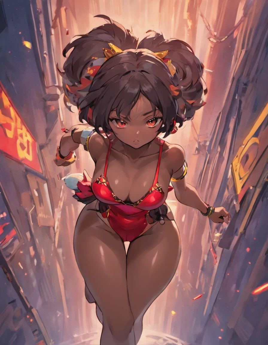 (best quality, (Darkskin woman, (form fitting high waist black and red minidress and red underwear):2, sneakers, garter belt, bracelet, fingerless gloves, carrying a bat):10 ,( amazing dark skin,Diamond And Glaring detailed green eyes, loose split-color
purple and black hair, soft circular face, convexed wide nose. strong, toned and stocky, round hips, medium , heart-shaped rear. brawler, spy, shy, reserved, courageous, Ki power, )::10 afternoon, cascading sun, walking, Neo-Brooklyn,surrounded, mystical atmosphere of power, danger, and excitement ((((( unreal engine, blender )))), (((Rival schools, edayn, Alex "oh8" Ahad, perfect piece, perfect prose.)))(( full body, ultra-HD masterpiece, highest quality, highly detailed, fighting game Cg, splash art, low angle shot,Beautiful Deatailed Shadow,Incredibly Absurdres.))