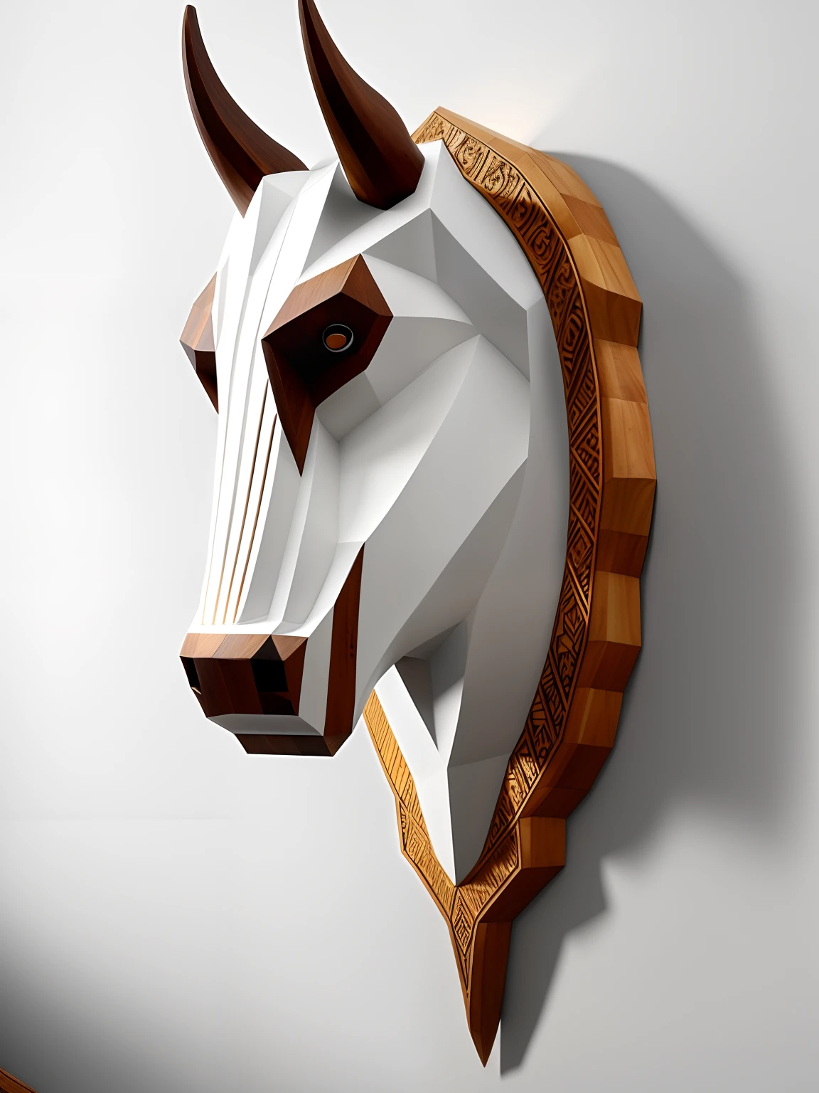 At the base of the white wall there is a wooden bull's head with horns, Log carving, Brown wood carving, digital sculpture, wood art, 3d sculpture, 3d sculpture, with detailed wood, Carved in wood, inspired by Augustin Meinrad Bächtiger, Detailed head, professional woodcarving