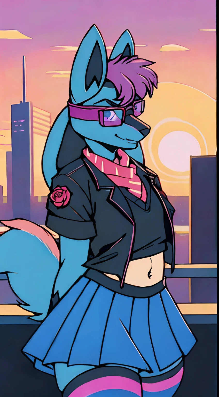 Mute pastel colors, Smooth photos, Retro soul, 1990s animation, 1980s animation, Retro soul, Retro anime style, Masterpiece, Best Quality, Lucario, furry, solo female, Lucario Pokémon, skirt, thigh high socks, crop top black jacket, Retro Lucario fanart, 1990s anime, retro animation, transgender women, sunset over city background, very detailed background, bandana, white chest spike, pink eyes, high definition eyes, very detailed eyes, chubby, small amount of pink hair on top of head with purple highlights, blue fur, cute bandana, trans flag bandana, picturesque background, 1 horizon line, thin framed rose tinted rimless glasses, thin framed gradient rose tinted glasses, perfect background, beautiful background, black jacket, black face markings, no shirt, midriff, belly button, black thigh high socks