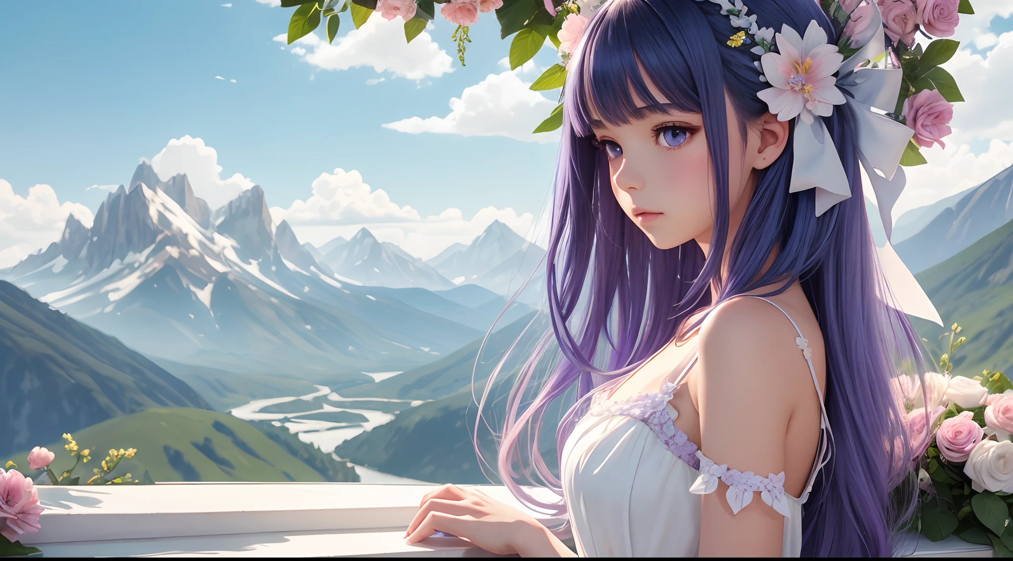 Best quality, Masterpiece, Extremely detailed, Detailed background, 1girll, Solo, Long hair, flower, Blue hair, White background, pink flower, profile, Upper body, White slip dress, Shoulders bare，flor branca, bow, bangs, Purple eyes, leafs, Blush，Looking at the mountains in the distance