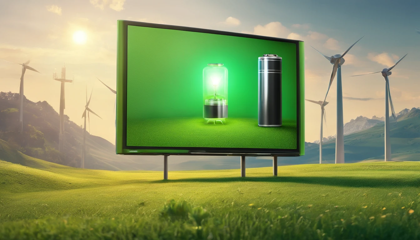 A new energy battery,On green meadows,Realistic photos with AI technology,sense of science and technology