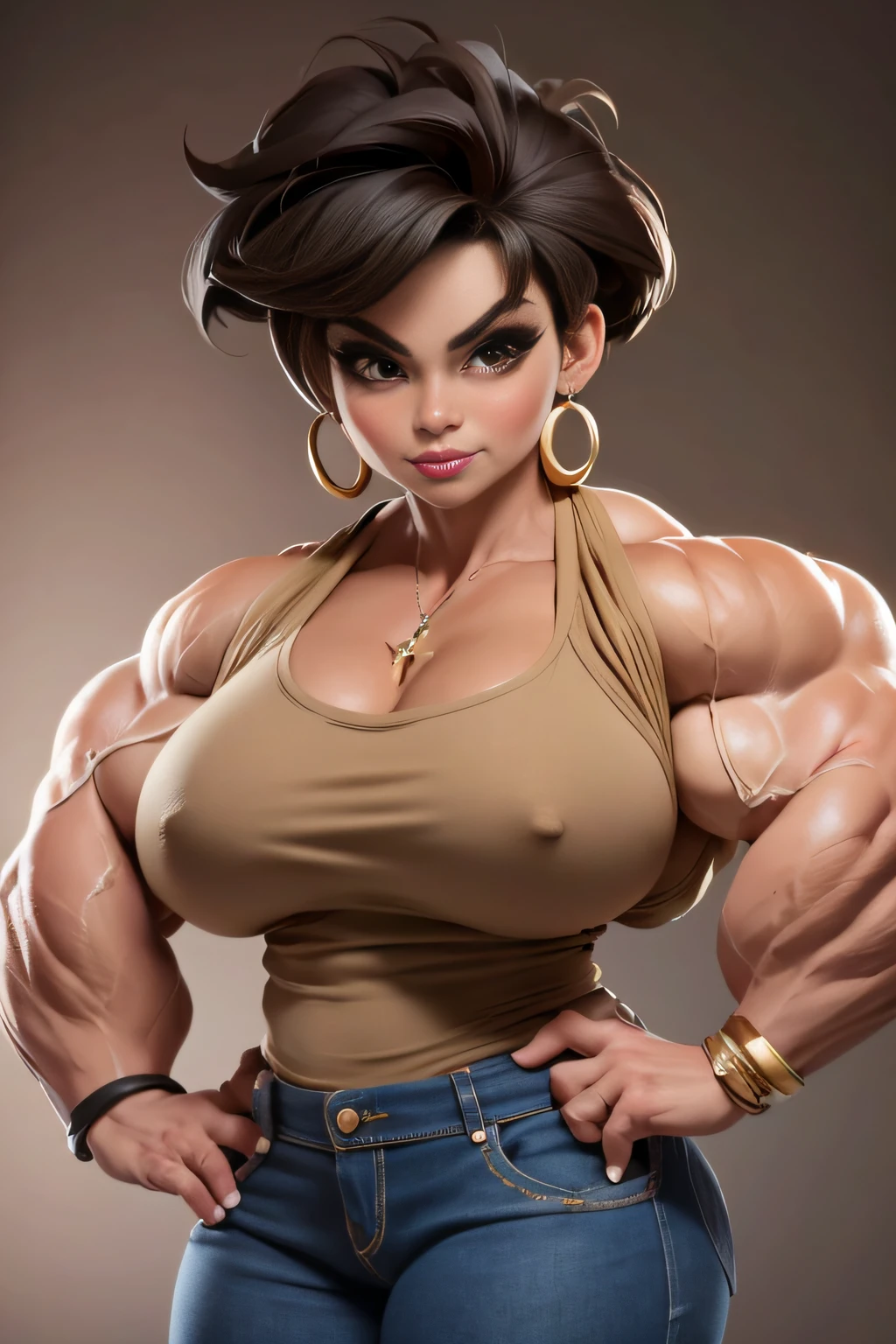 masterpiece, best quality, 8k, official art, cinematic light, ultra high res, 1girl, sexy, mature, solo, jewelry, earrings, short hair, looking at viewer, hoop earrings,  mexican woman with huge muscles, brown hair, brown eyes, brown background,  holding, brown nails, muscle woman. huge muscles, massive muscles