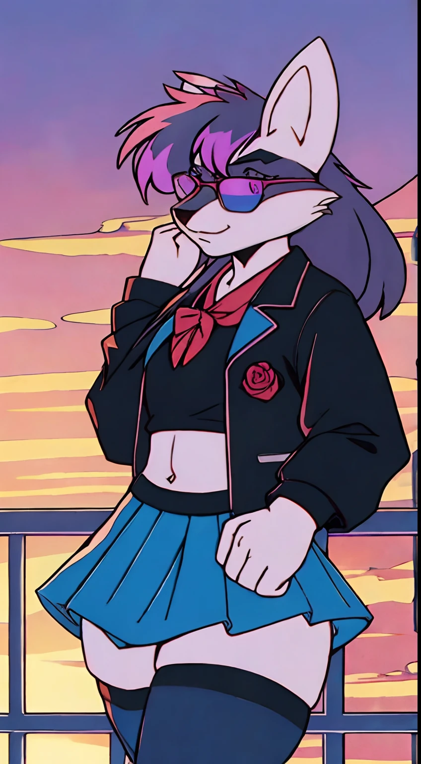 Mute pastel colors， Smooth photos， Retro soul, 1990s animation, 1980s animation, Retro soul， Retro anime style， Masterpiece, Best Quality, Lucario, furry, solo female, Lucario Pokémon, skirt, thigh high socks, crop top black jacket, Retro Lucario fanart, 1990s anime, retro animation, transgender women, sunset over city background, very detailed background, bandana, white chest spike, pink eyes, high definition eyes, very detailed eyes, chubby, small amount of pink hair on top of head with purple highlights, blue fur, cute bandana, trans flag bandana, picturesque background, 1 horizon line, thin framed rose tinted rimless glasses, thin framed gradient rose tinted glasses, perfect background, beautiful background, black jacket, black face markings, no shirt, midriff, belly button, black thigh high socks