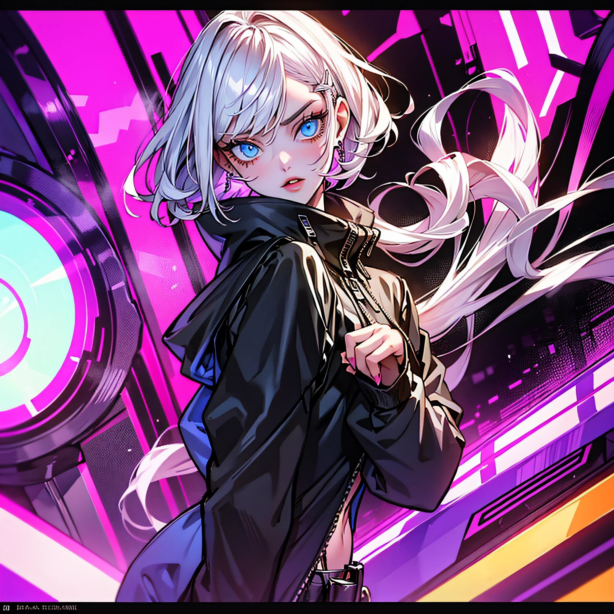 glitch girl, white long hair, cool black open short jacket labeled "CruciA", tatoos, messy fade cut hair, crazy,futuristic neon night street background,poser, fuchsia, halloween, pumpkin, face portrait