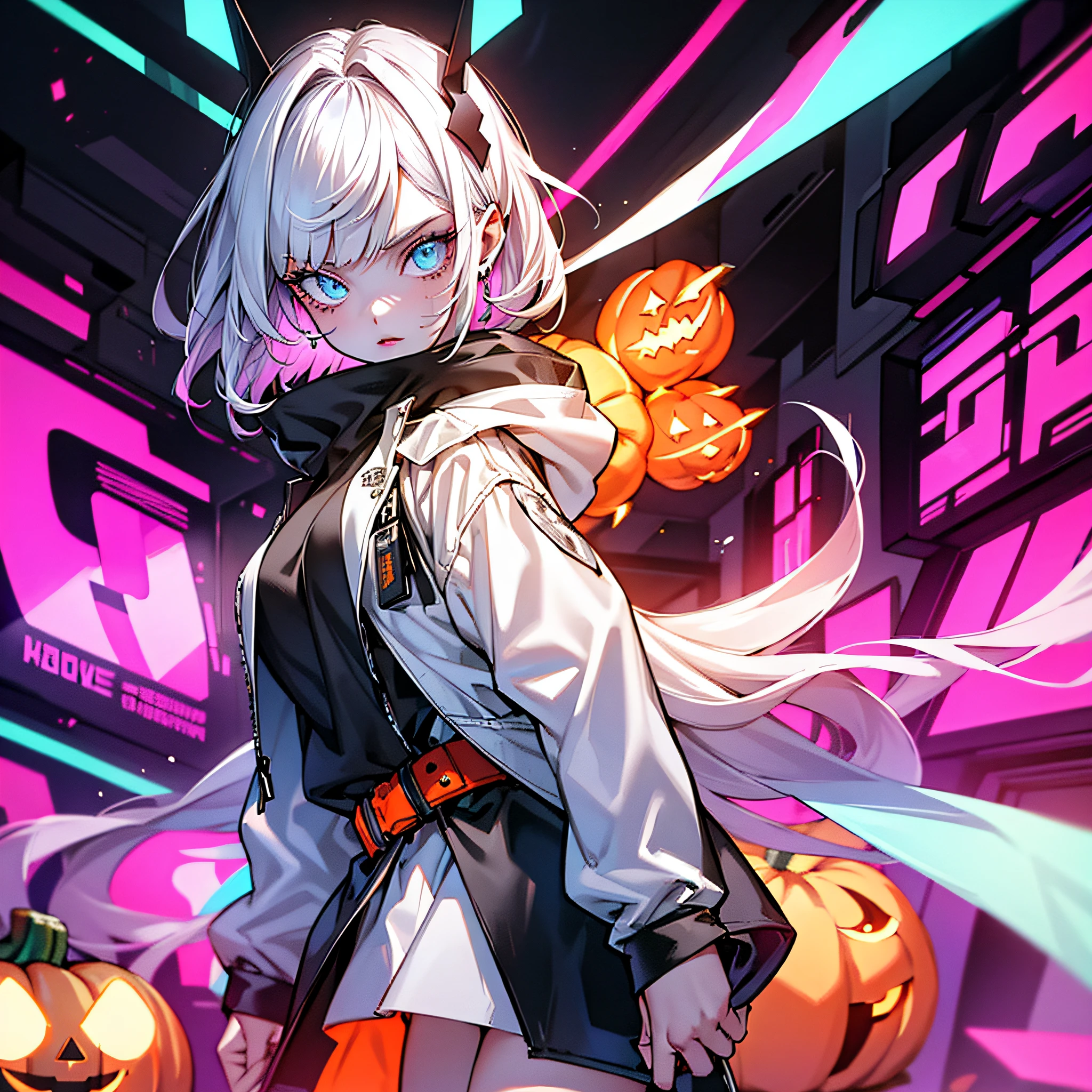 glitch girl, white long hair, cool black open short jacket labeled "CruciA", tatoos, messy fade cut hair, crazy,futuristic neon night street background,poser, fuchsia, halloween, pumpkin, face portrait