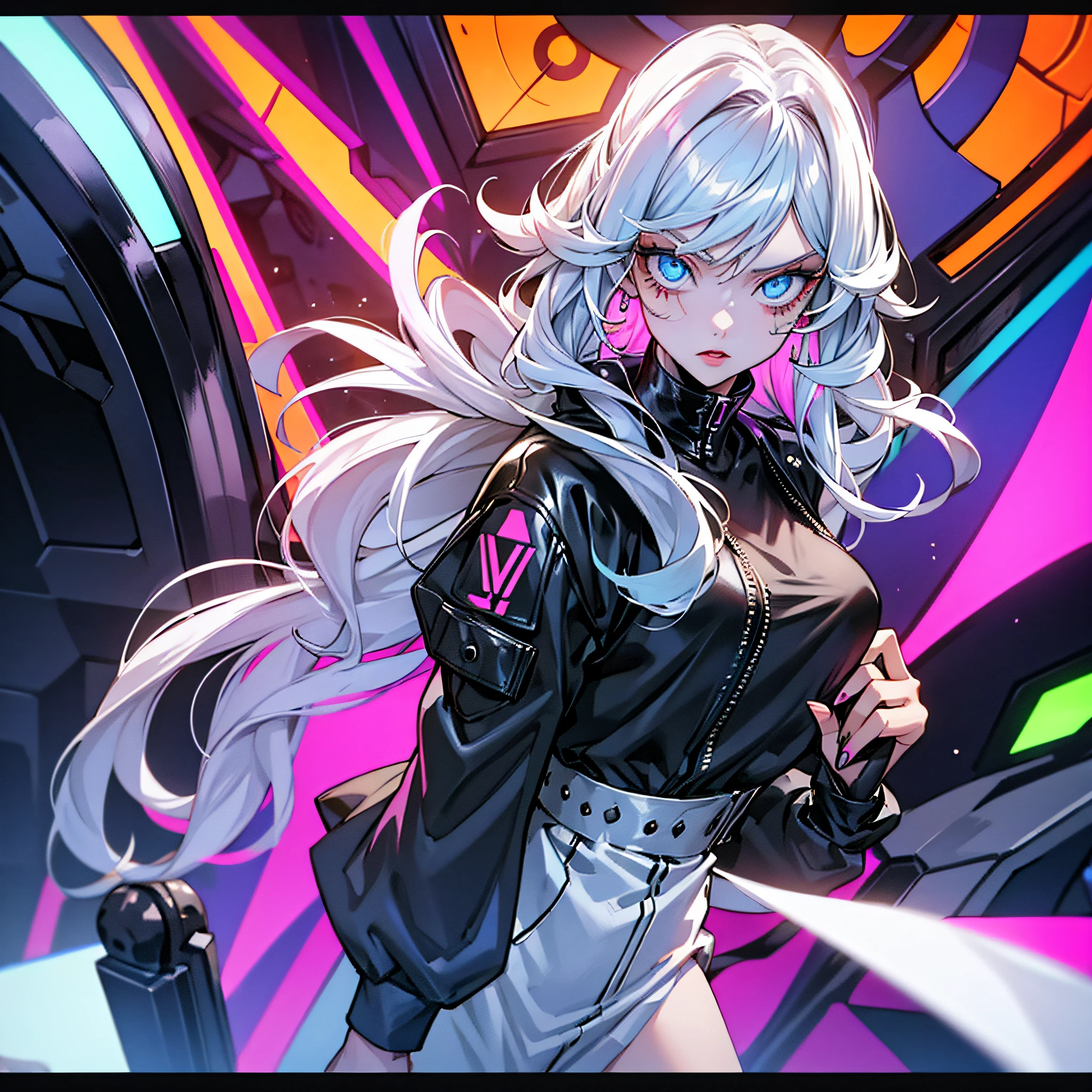 Curly-haired beautiful girl，portrait of upper body，Lovely face，highly details，cyber punk perssonage，rainbow，Silvery-white hair