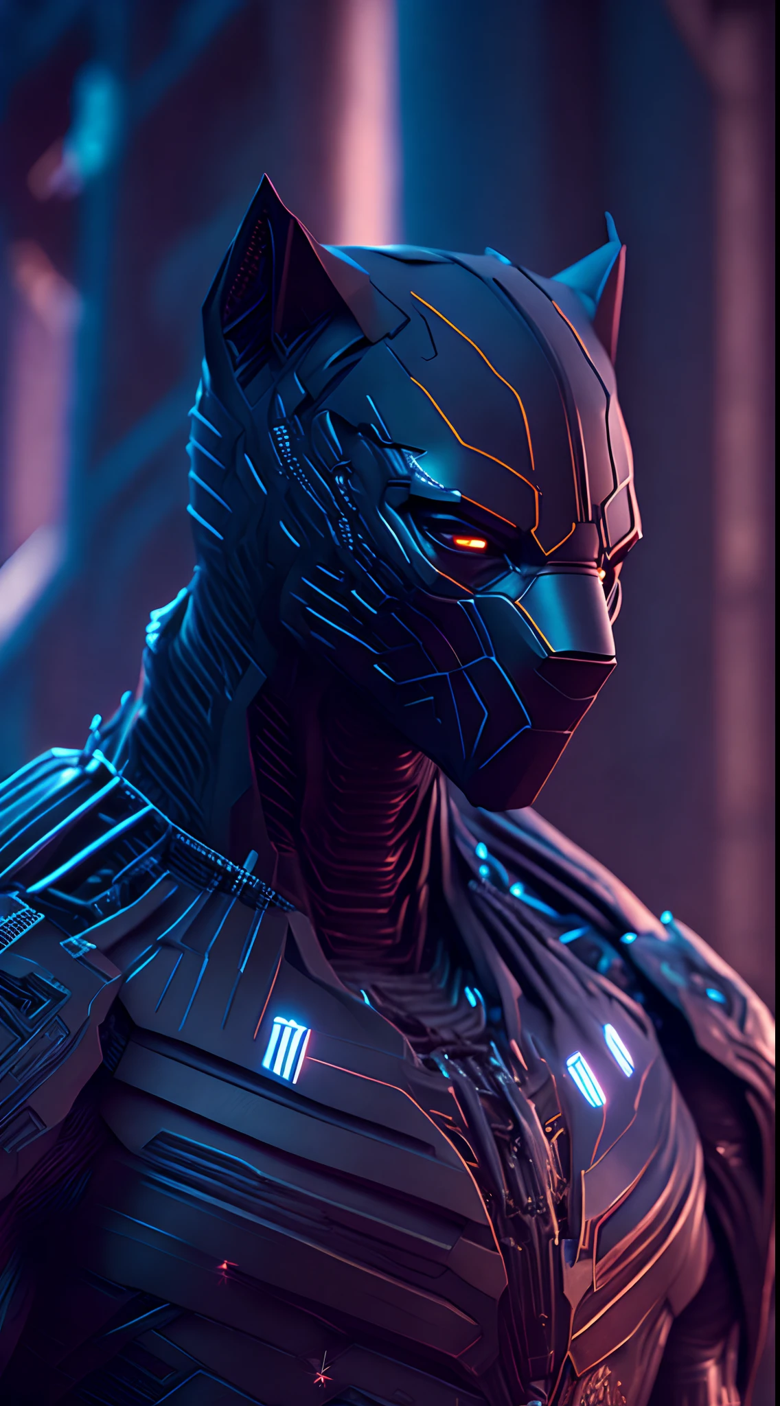 somber portrait of Terminator Black Panther from Marvel with intricate angular cybernetic implants inside a brutalist building, gothic brutalist cathedral, cyberpunk, award-winning photo, bokeh, neon lights, cybernetic limb