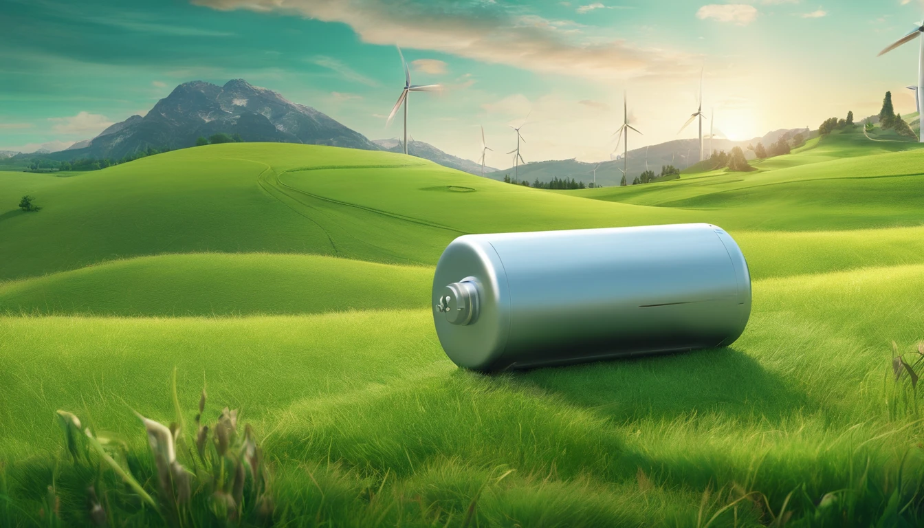 A new energy battery，On green meadows，Photorealistic photos，Light style，Surreal AI sense of technology