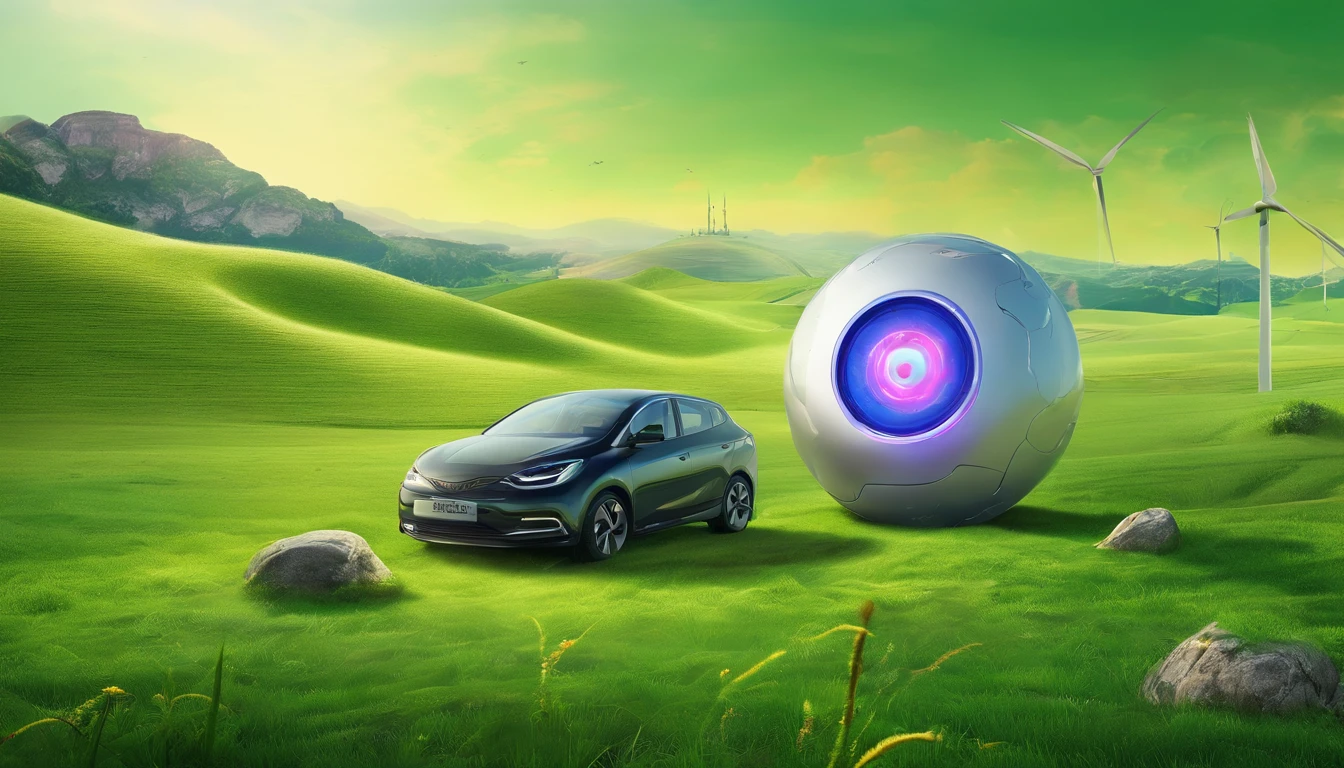 A new energy battery，On green meadows，Photorealistic photos，Light style，Surreal AI sense of technology