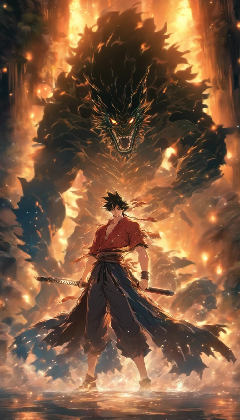A handsome and ruthless man standing at the entrance of a dark cave, holding a sharp sword, with ferocious monsters and a dark aura behind him, ,32k, best quality, masterpiece, super detail, high details, by Makoto Shinkai ,in the style of the stars art group xing xing,