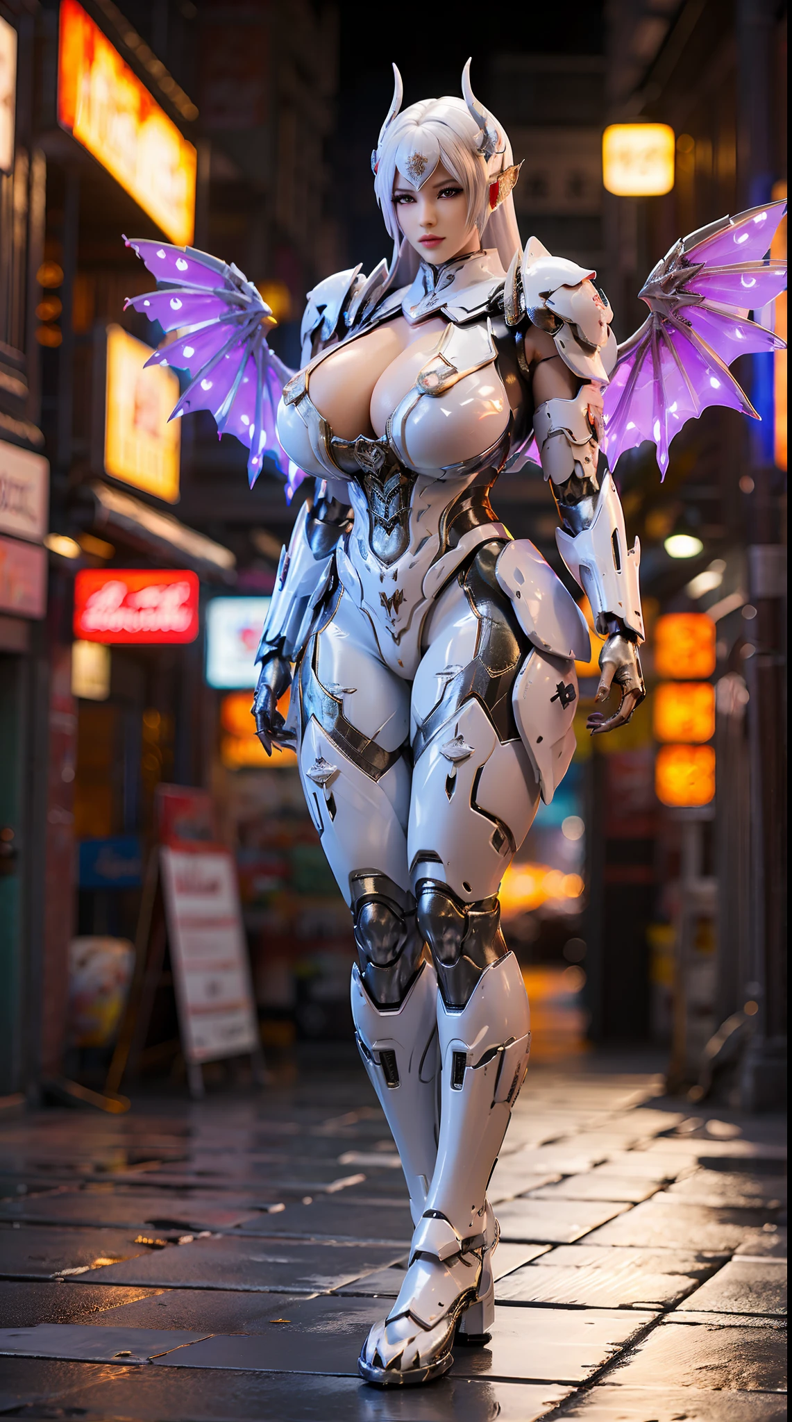 HUGE BOOBS, (DRAGON HEAD), (WHITE, BLACK, SILVER), MECHA DRAGON ARMOR, FUTURISTIC LATEX SUIT, (CLEAVAGE), ((A PAIR LARGEST PEACOCK WINGS)), (TALL LEGS), (STANDING), SEXY BODY, MUSCLE ABS, UHD, 8K, 1080P.