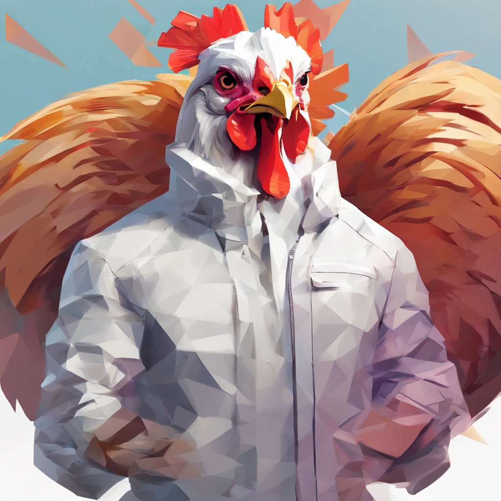 ((Man with a chicken head))、body builder、Only the head is a chicken human、Perfect centering, Wear a student team jacket, Wearing sunglasses, Wearing headphones, cheerfulness, Standing position, Abstract beauty, Centered, Looking at the camera, Facing the camera, Approaching perfection, Dynamic, Highly detailed, Smooth, Sharp Focus, 8K, hight resolution, Illustration, art by carne griffiths and wadim kashin, White background、total、Full Body Angle、flying though the air