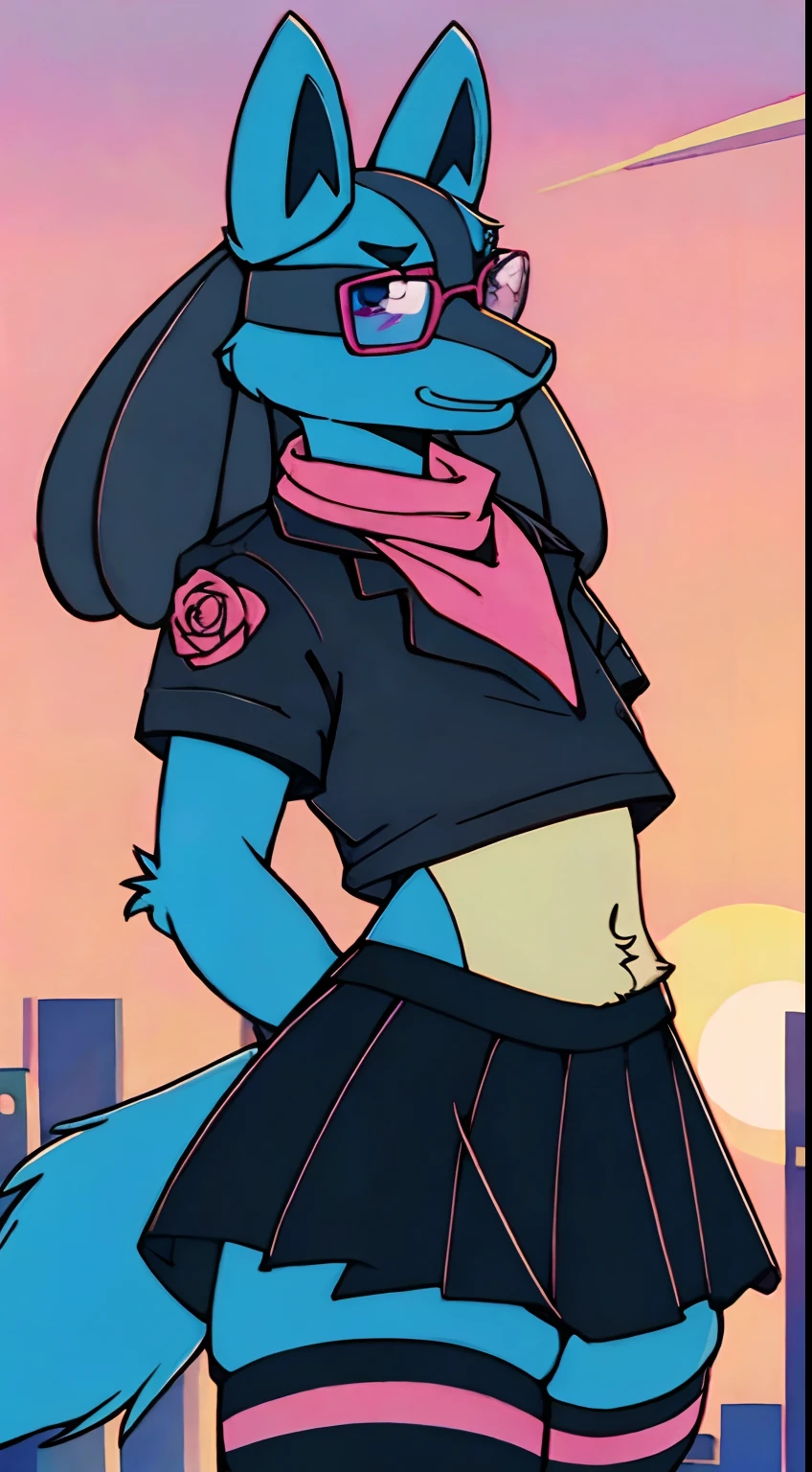Mute pastel colors, Smooth photos, Retro soul, 1990s animation, 1980s animation, Retro soul, Retro anime style, Masterpiece, Best Quality, Lucario, furry, solo female, Lucario Pokémon, skirt, thigh high socks, crop top black jacket, Retro Lucario fanart, 1990s anime, retro animation, transgender women, sunset over city background, very detailed background, bandana, white chest spike, pink eyes, high definition eyes, very detailed eyes, chubby, blue fur, cute bandana, trans flag bandana, picturesque background, 1 horizon line, thin framed rose tinted rimless glasses, thin framed gradient rose tinted glasses, perfect background, beautiful background, black jacket, black face markings, no shirt, midriff, belly button, black thigh high socks