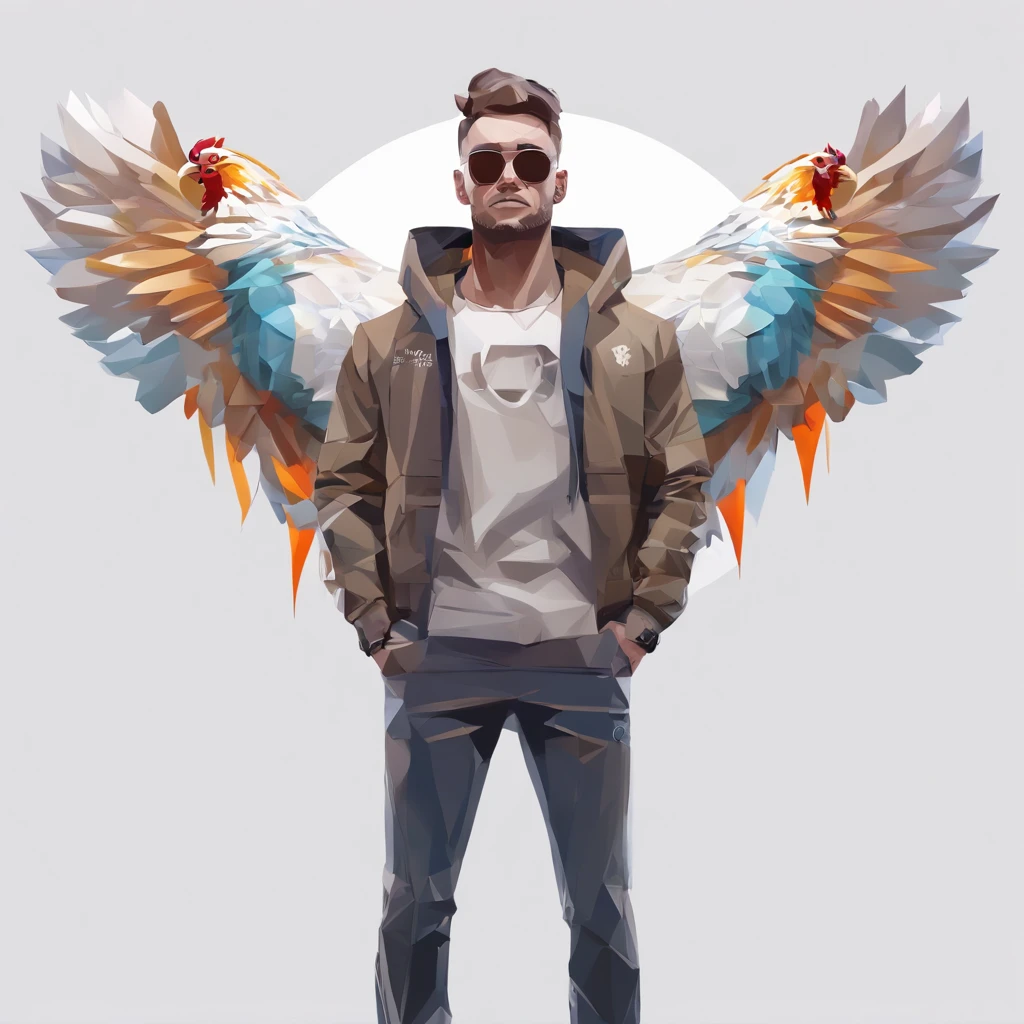 ((Man with a chicken head))、body builder、Only the head is a chicken human、Perfect centering, Wear a student team jacket, Wearing sunglasses, Wearing headphones, cheerfulness, Standing position, Abstract beauty, Centered, Looking at the camera, Facing the camera, Approaching perfection, Dynamic, Highly detailed, Smooth, Sharp Focus, 8K, hight resolution, Illustration, art by carne griffiths and wadim kashin, White background、total、Full Body Angle、flying though the air