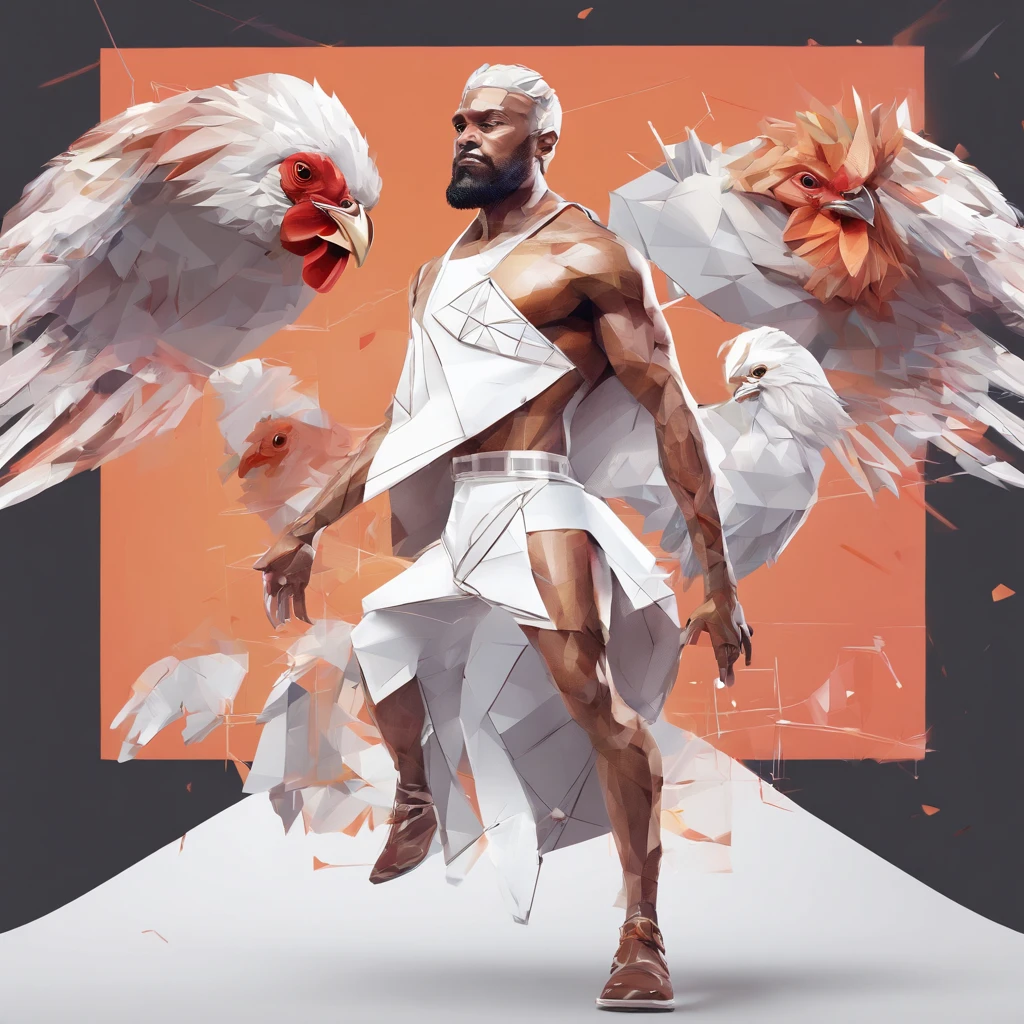 ((Man with a chicken head))、body builder、Only the head is a chicken human、Perfect centering,  Wear a student team jacket, Wearing sunglasses, Wearing headphones, cheerfulness, Standing position, Abstract beauty, Centered, Looking at the camera, Facing the camera, Approaching perfection, Dynamic, Highly detailed, Smooth, Sharp Focus, 8K, hight resolution, Illustration, art by carne griffiths and wadim kashin, White background、total、Full Body Angle、flying though the air