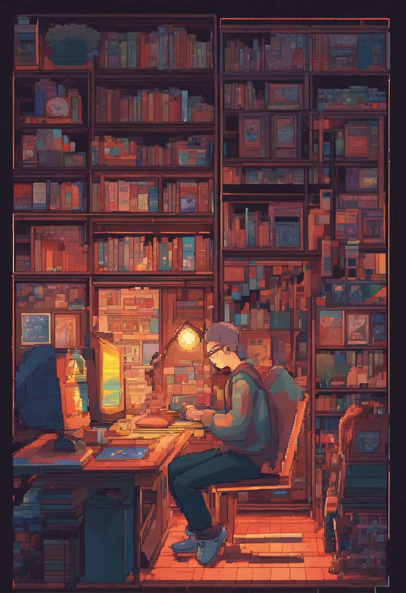 Side view,Little boy studying in the room, Reading a book, wears glasses , Night lights, Neon landscape on a rainy day,, Lo-fi hip-hop , retrospective, flat, 2.5D ,line drawn, Ink drawing, Large slope, Watercolor painting, Spray color, Studio Ghibli Style, Awesome colorful, Outer tons, synthetic wave, Lofi art,90s style,Old textures, amplitude,