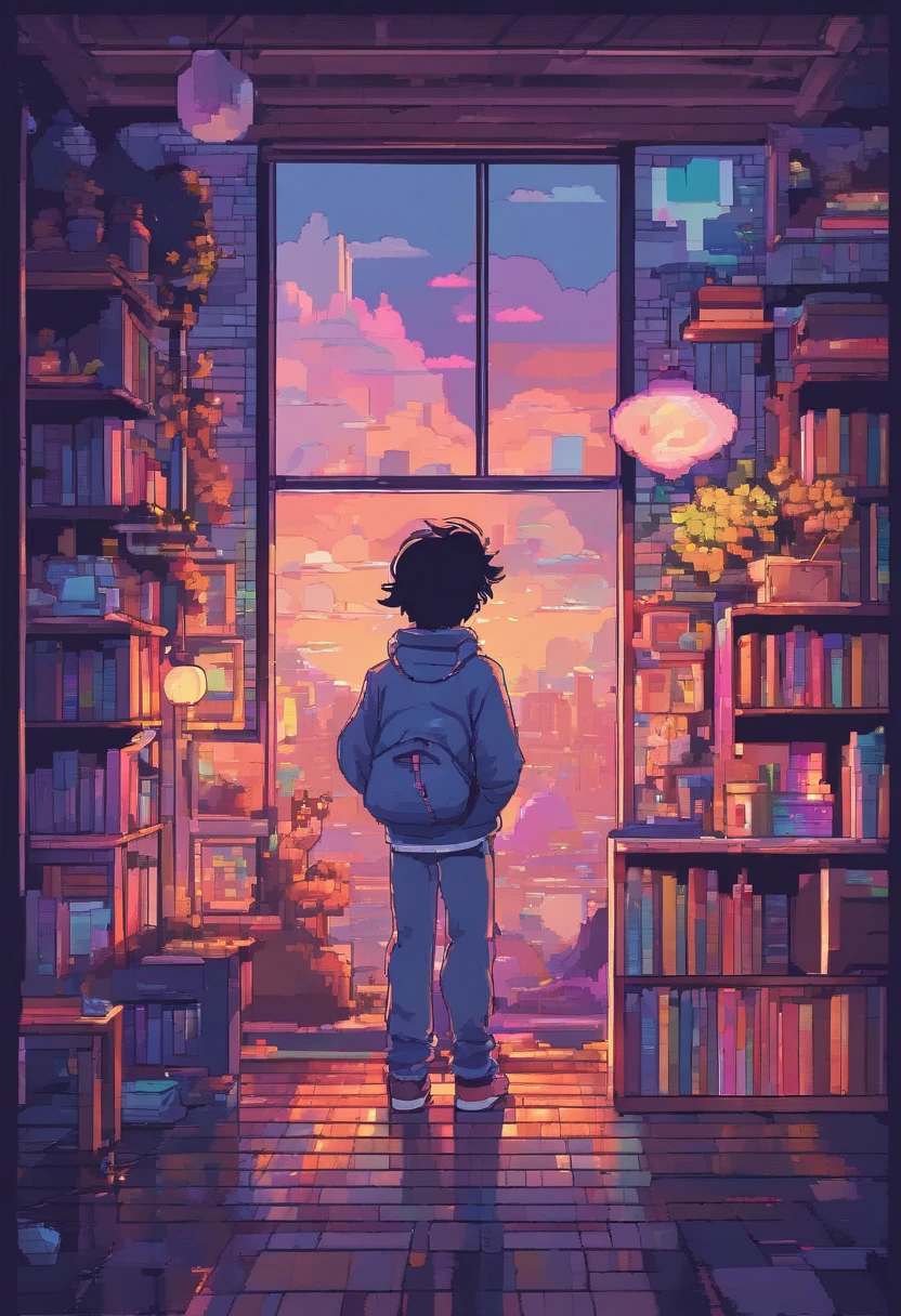 Side view, studying in the room, Reading a book, wears glasses , Night lights, Neon landscape on a rainy day,, Lo-fi hip-hop , retrospective, flat, 2.5D ,line drawn, Ink drawing, Large slope, Watercolor painting, Spray color, Studio Ghibli Style, Awesome colorful, Outer tons, synthetic wave, Lofi art,90s style,Old textures, amplitude,